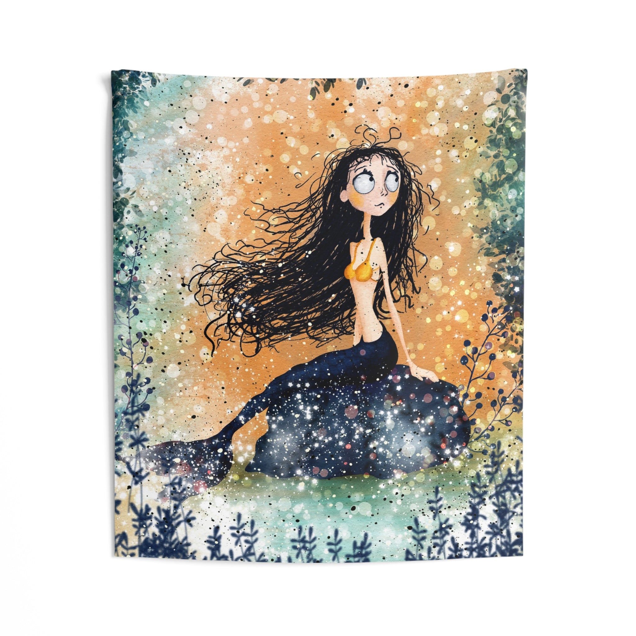 Mermaid Night Wall Tapestry — Whimsical Moonlit Girl Art for Bedroom Decor