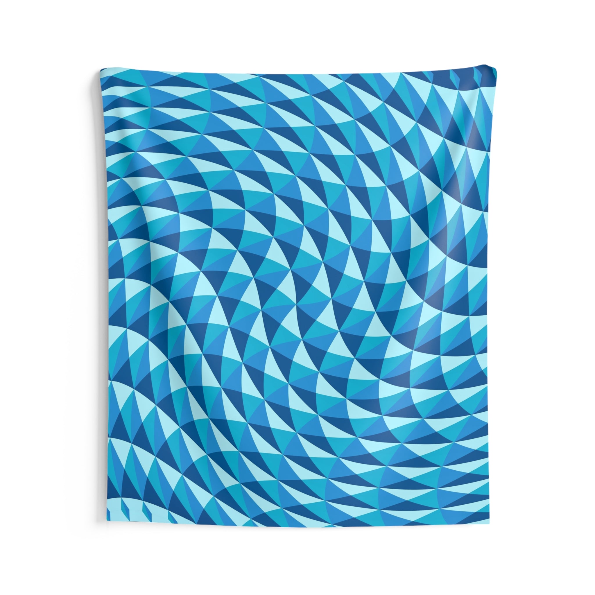 Blue Geometric Wave Tapestry — Abstract Optical Illusion Wall Hanging