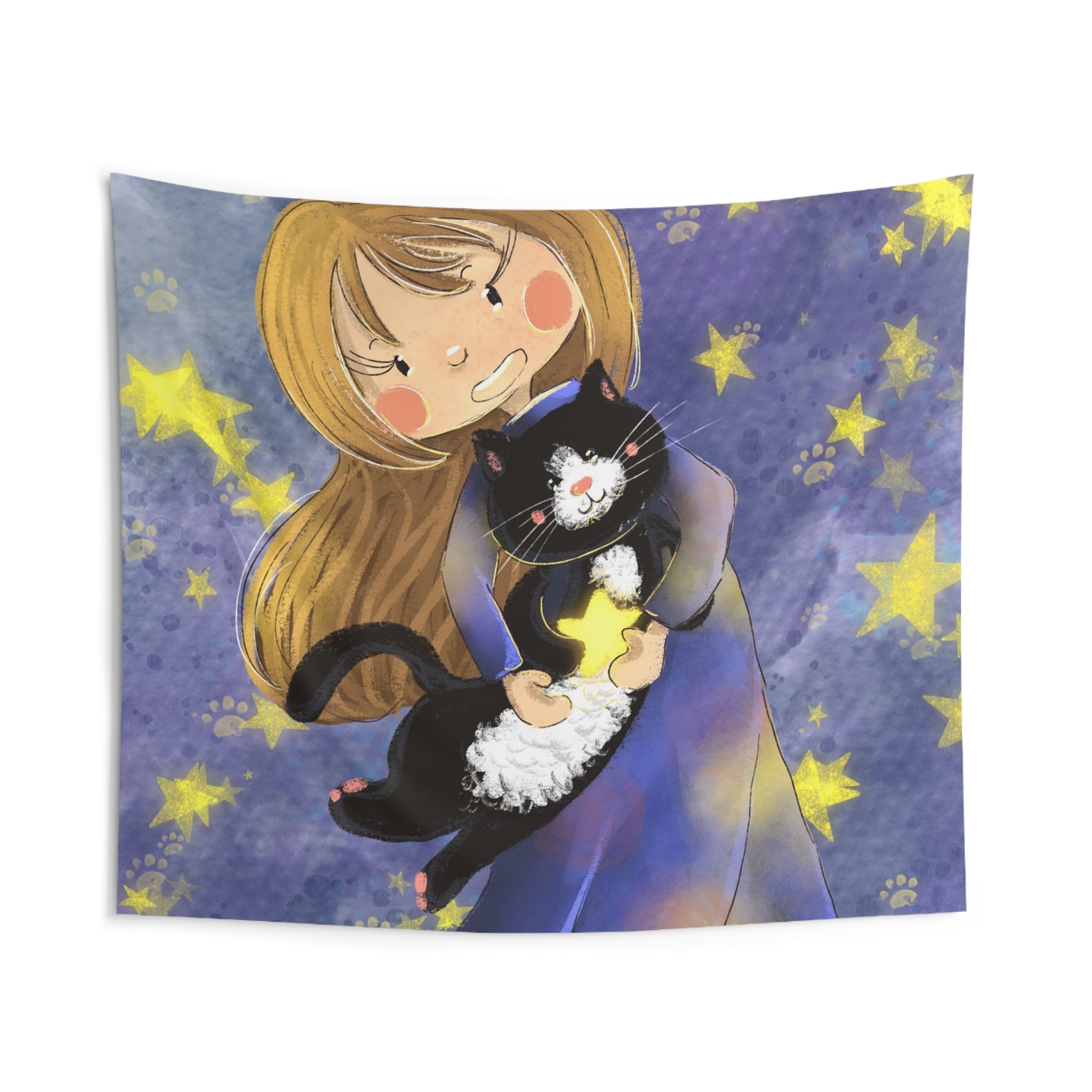 Starry Night Girl & Cat Tapestry — Cute Whimsical Wall Art