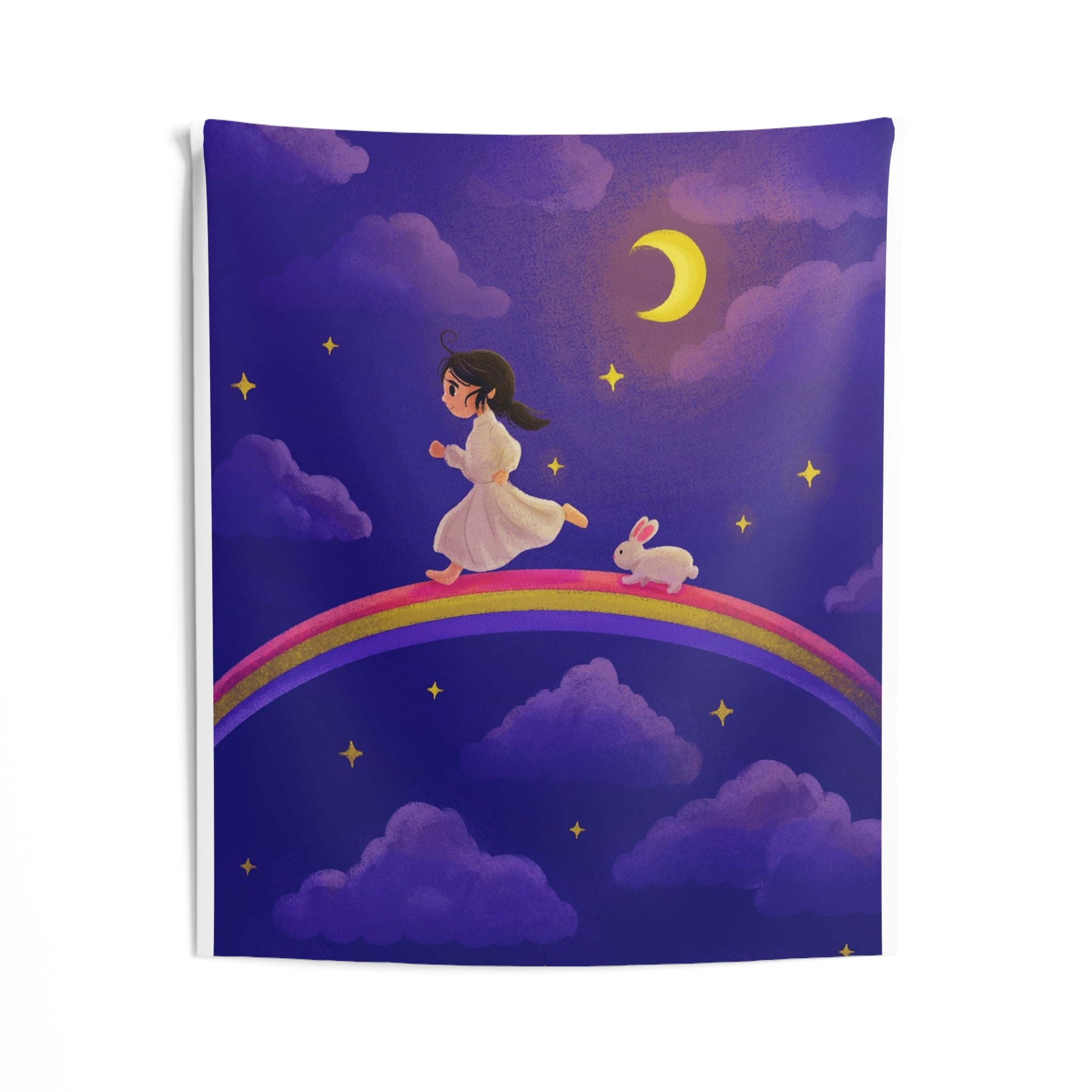 Dreamy Night Rainbow Tapestry — Girl & Bunny Wall Art for Kids’ Room