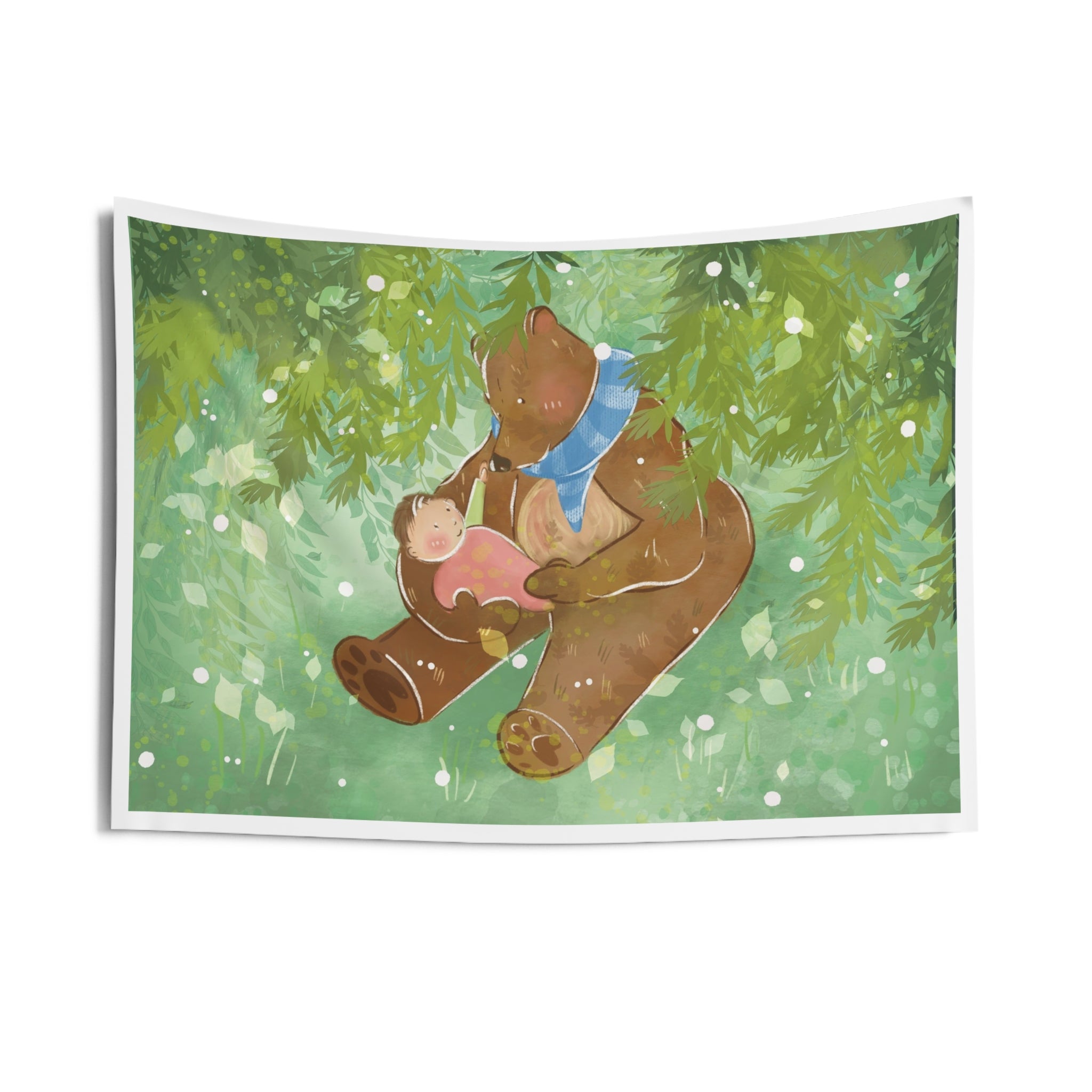 Bear Hug Wall Tapestry — Cute Nursery Bear and Child Forest Scene
