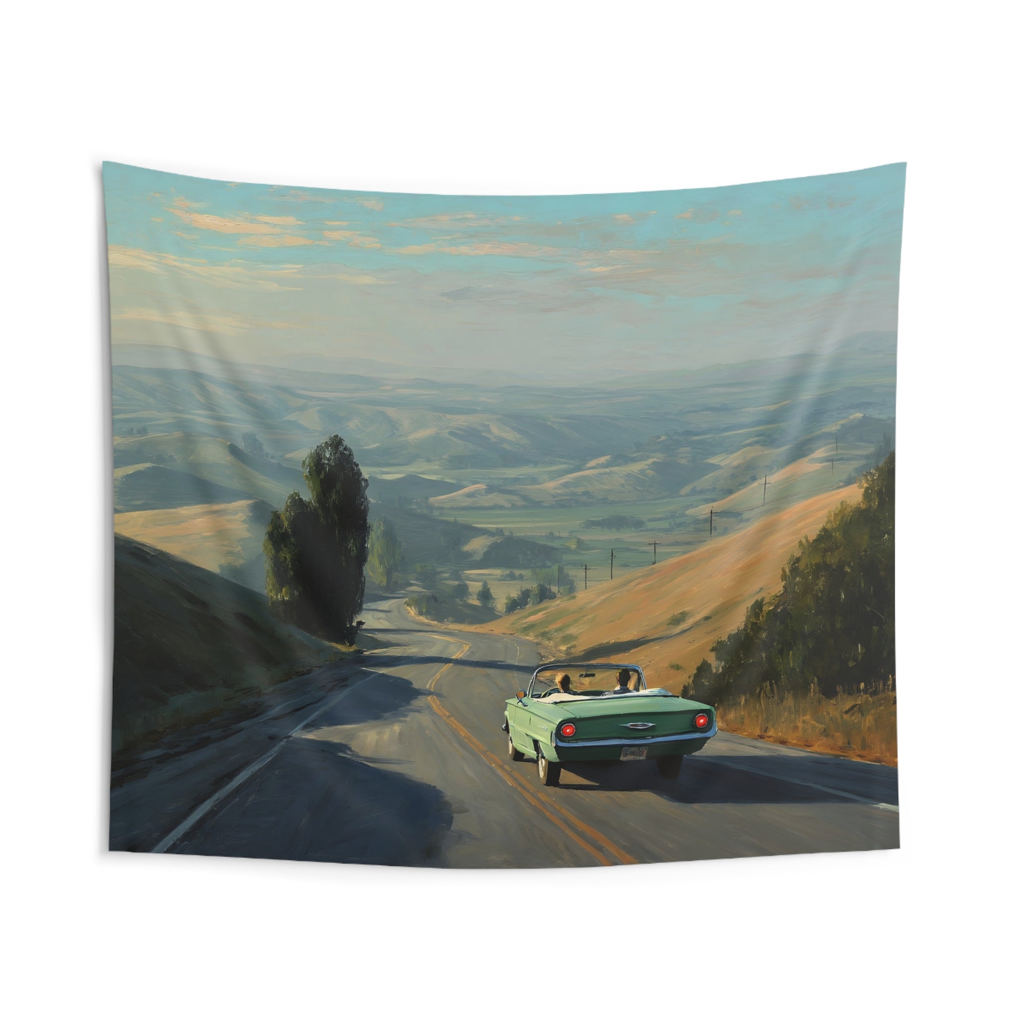 Convertible Roadtrip Tapestry — Scenic Coastal Highway Wall Art