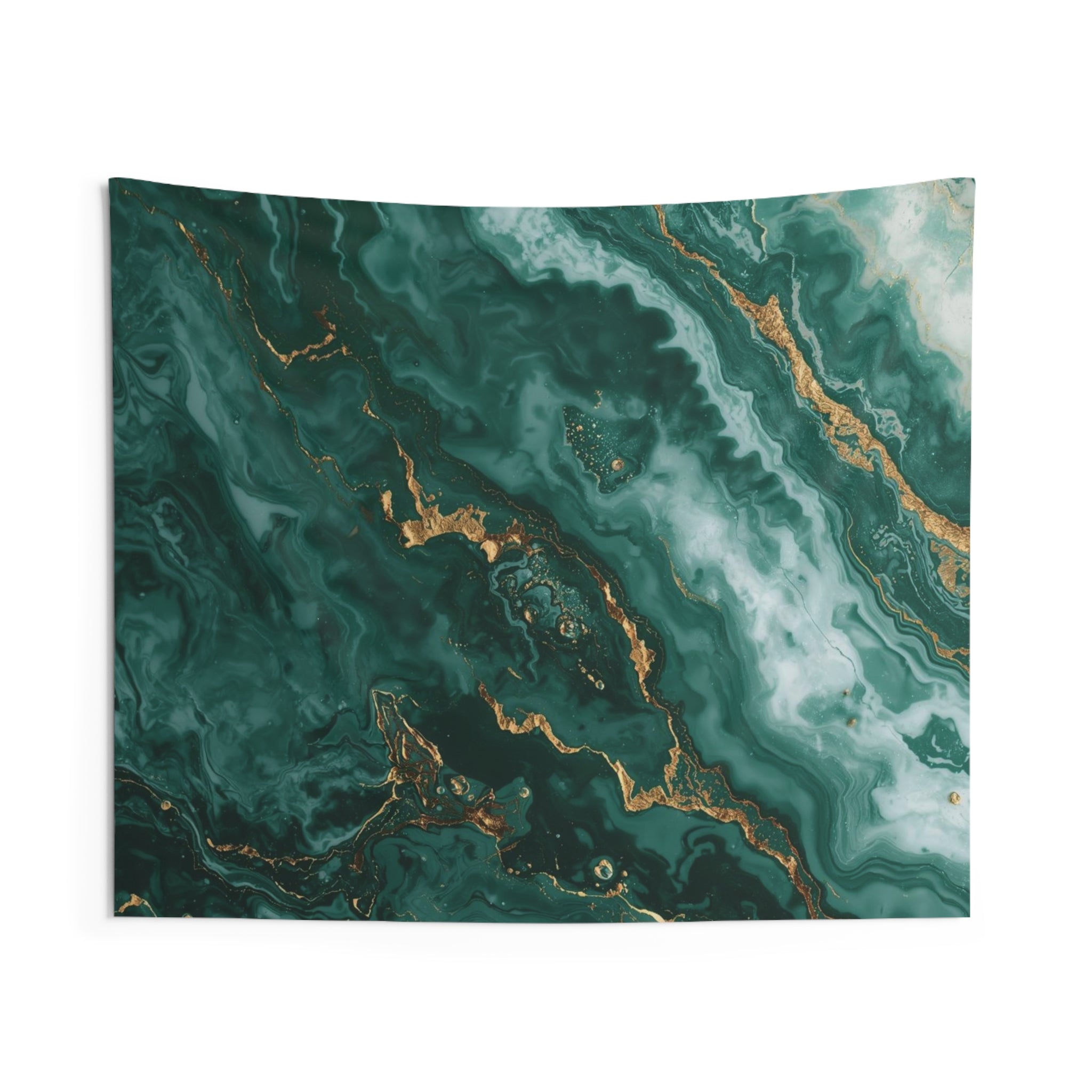 Emerald Marble Wall Tapestry — Green & Gold Abstract Home Decor