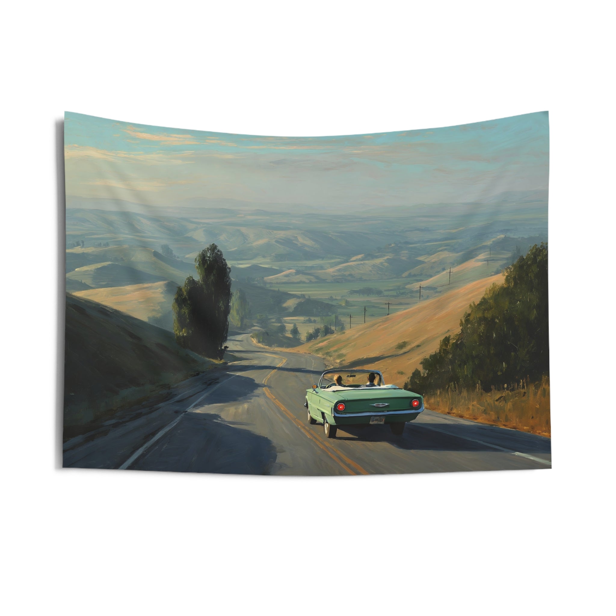 Convertible Roadtrip Tapestry — Scenic Coastal Highway Wall Art