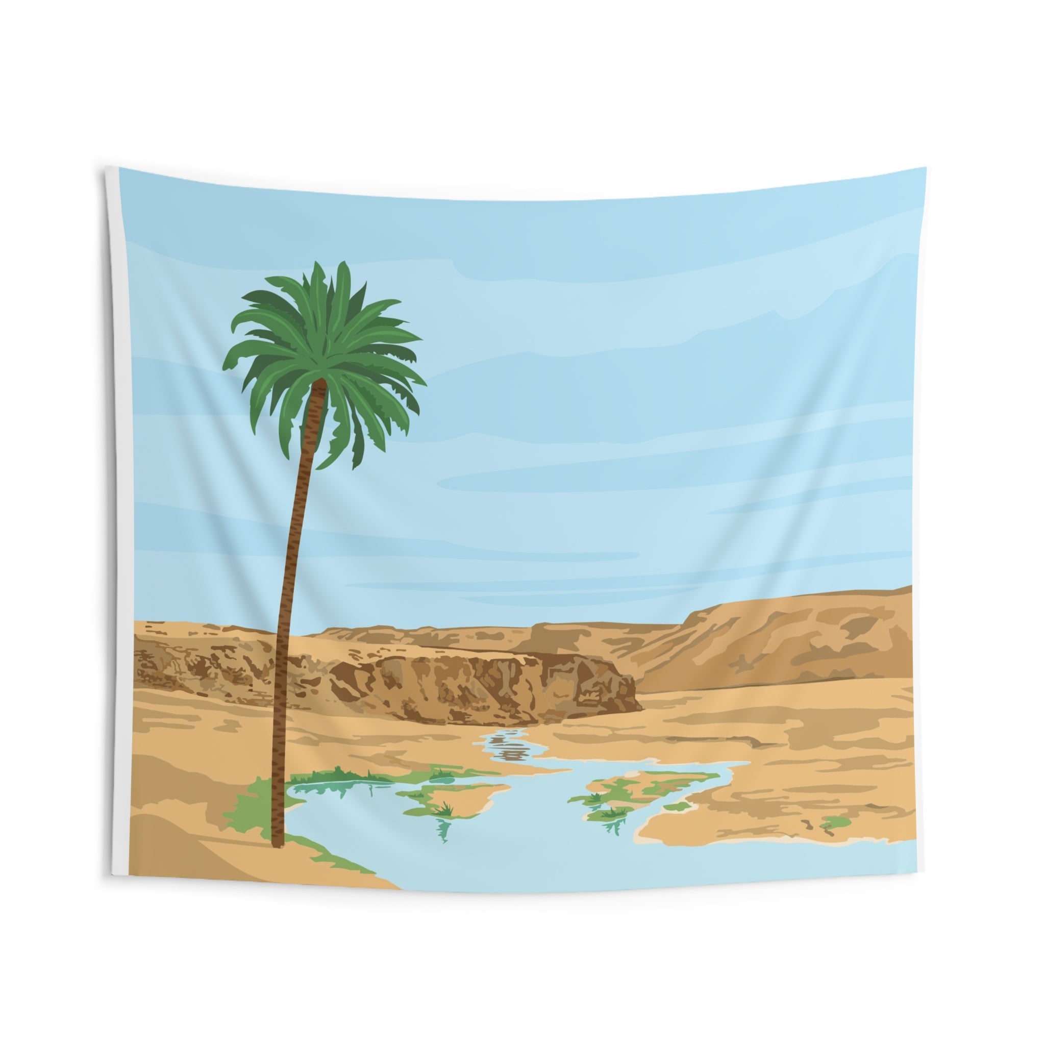 Desert Oasis Tapestry — Palm Tree River Wall Art