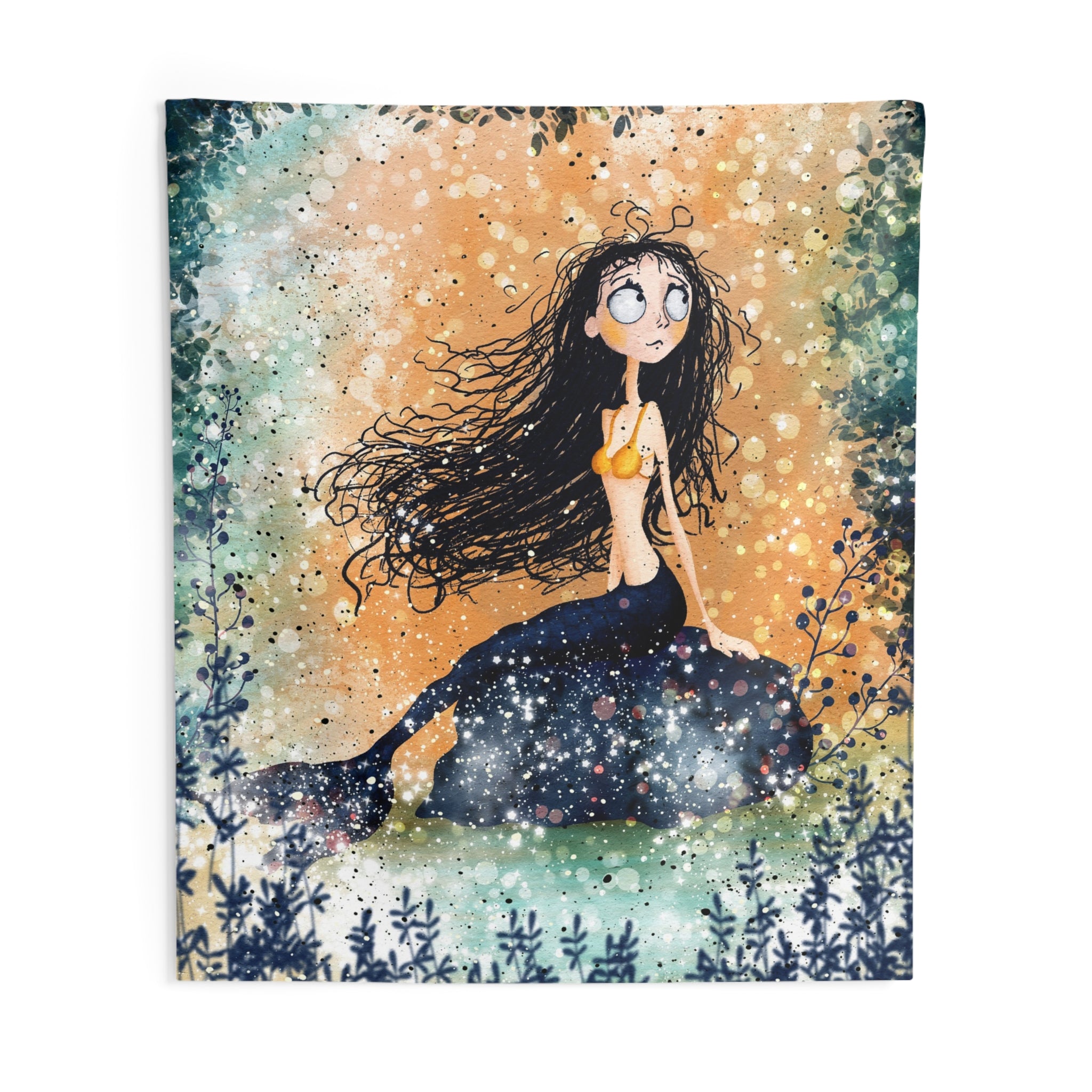 Mermaid Night Wall Tapestry — Whimsical Moonlit Girl Art for Bedroom Decor