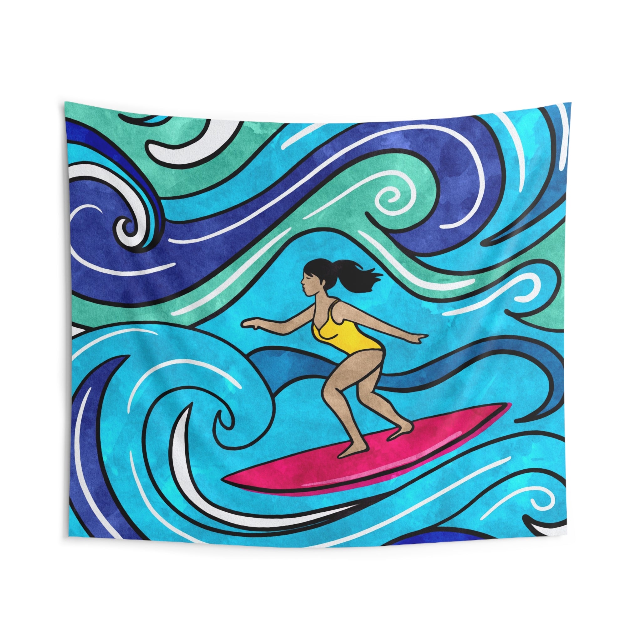 Surfing Girl Wall Tapestry — Colorful Ocean Waves Beach Décor