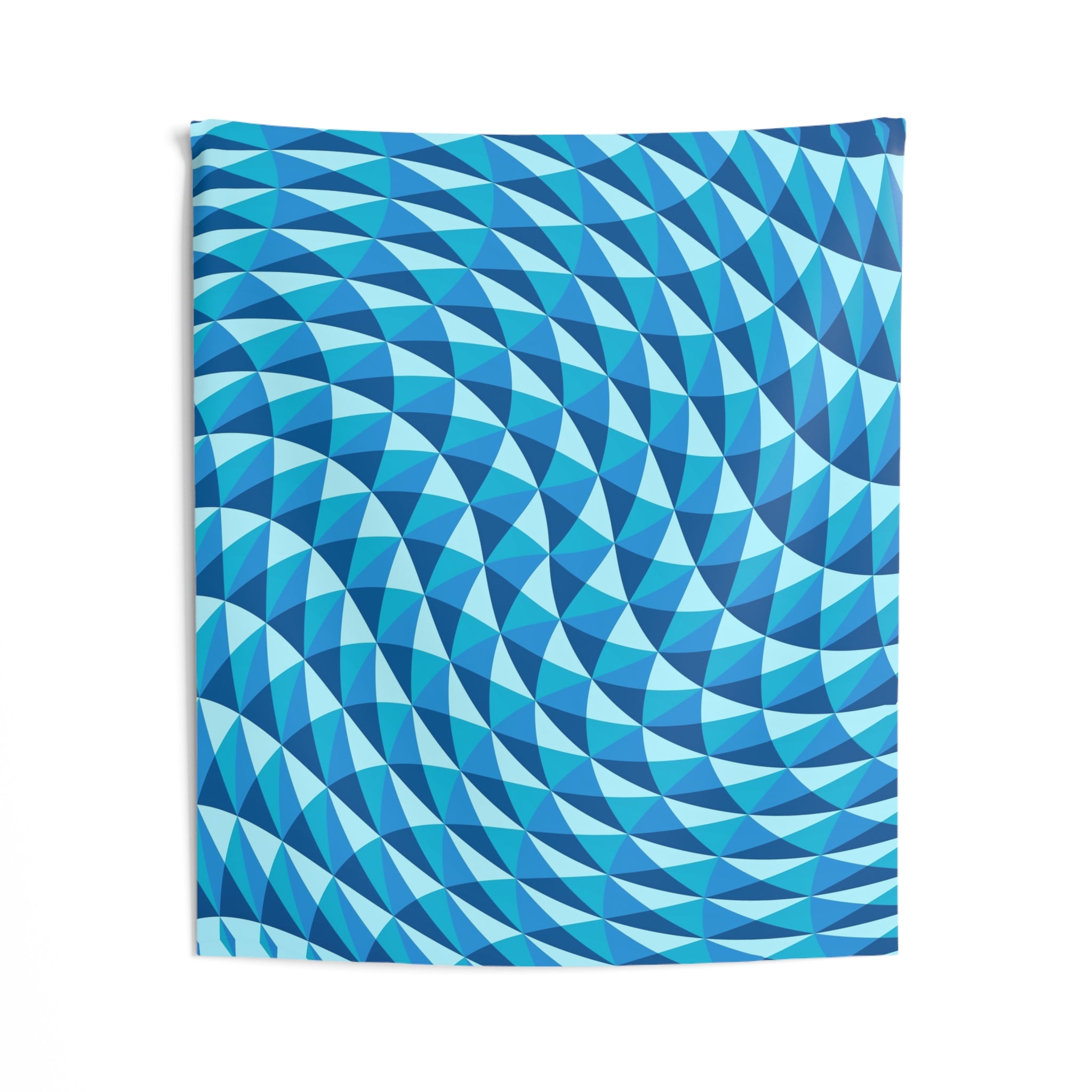 Blue Geometric Wave Tapestry — Abstract Optical Illusion Wall Hanging