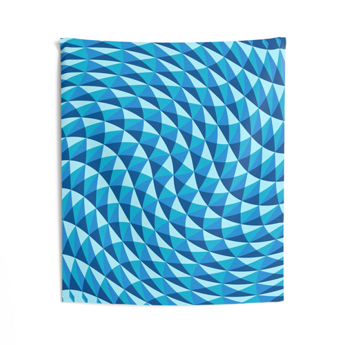 Blue Geometric Wave Tapestry — Abstract Optical Illusion Wall Hanging