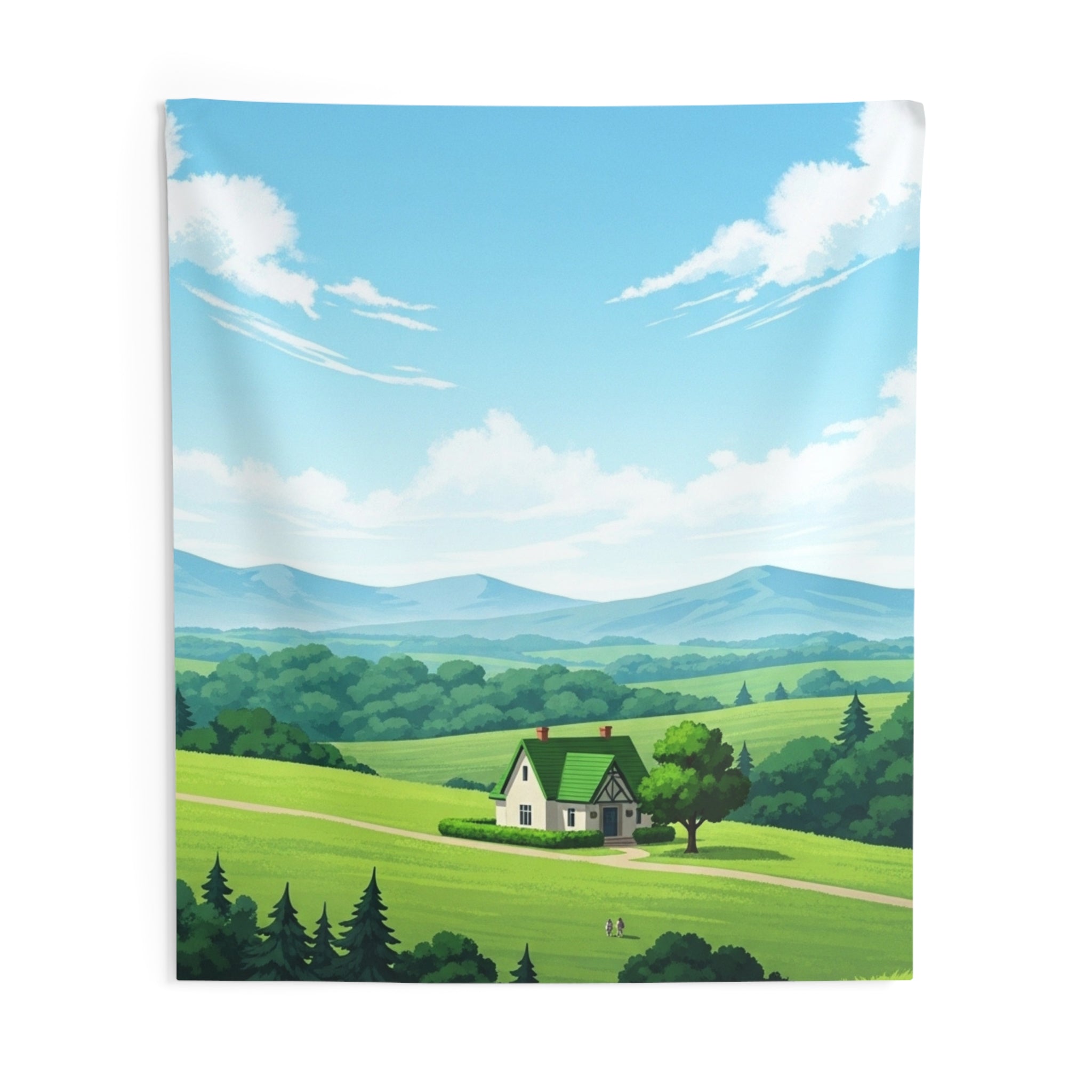 Countryside Cottage Tapestry — Scenic Green Hills Wall Hanging