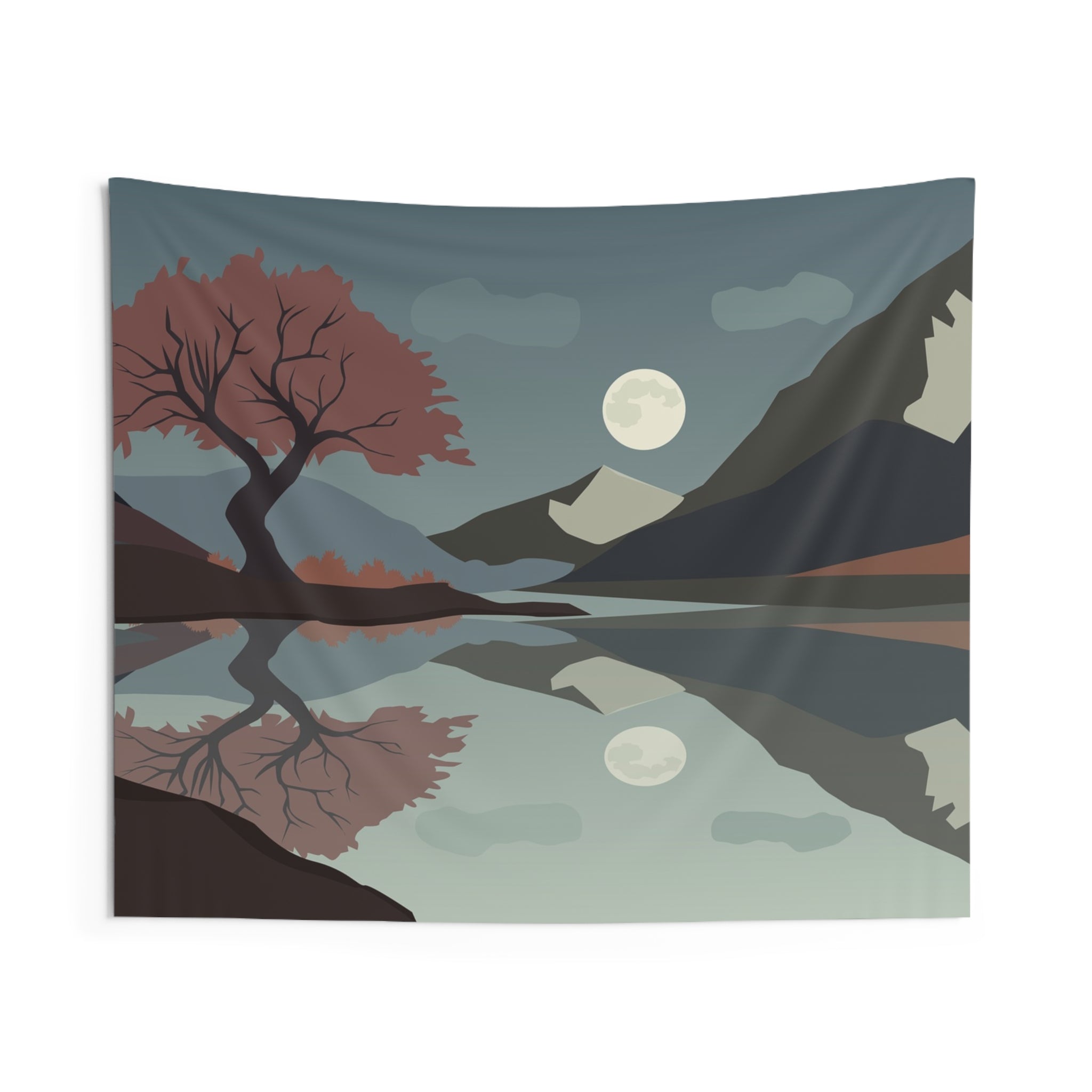 Moonlit Lake Tapestry — Serene Mountain Reflection Wall Hanging