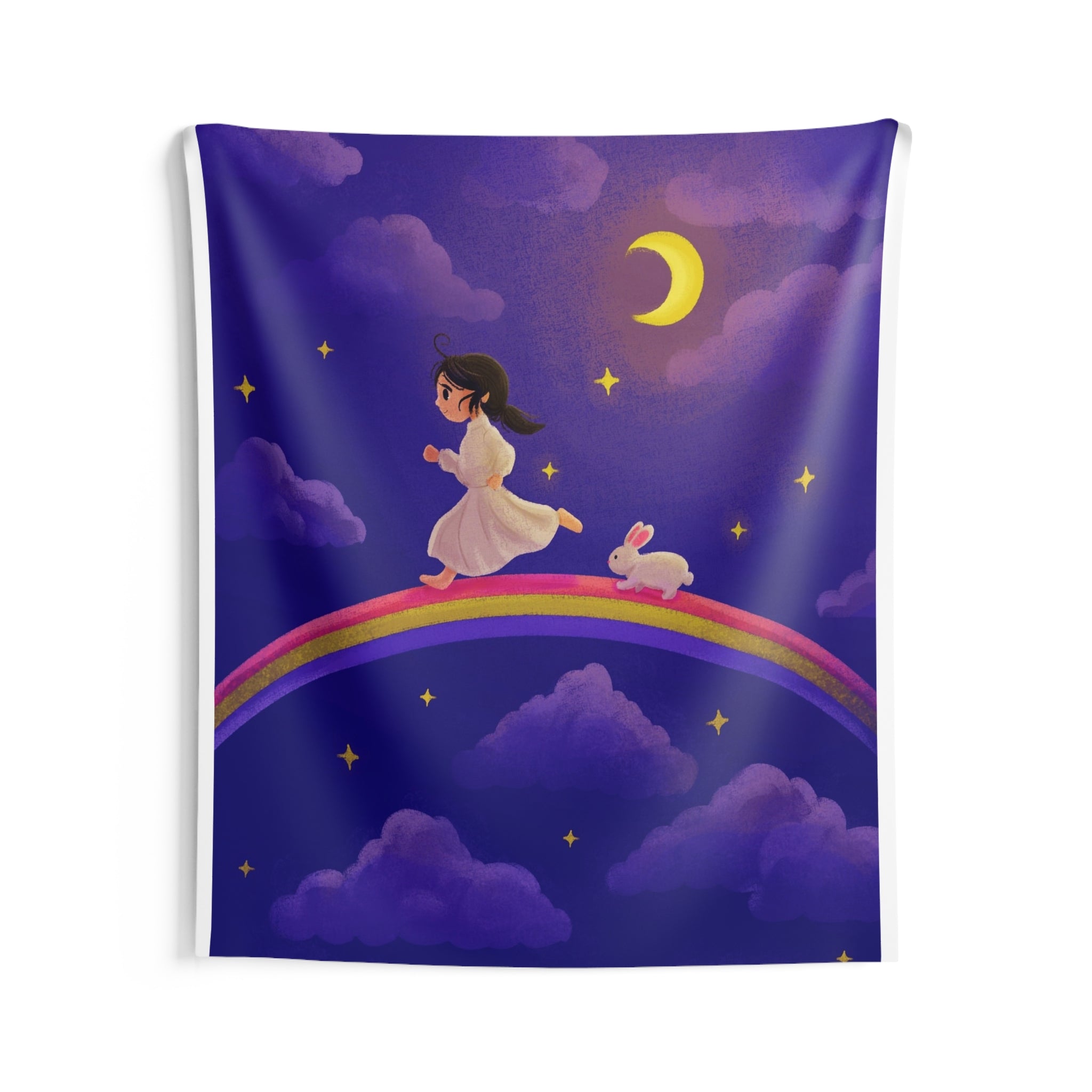 Dreamy Night Rainbow Tapestry — Girl & Bunny Wall Art for Kids’ Room