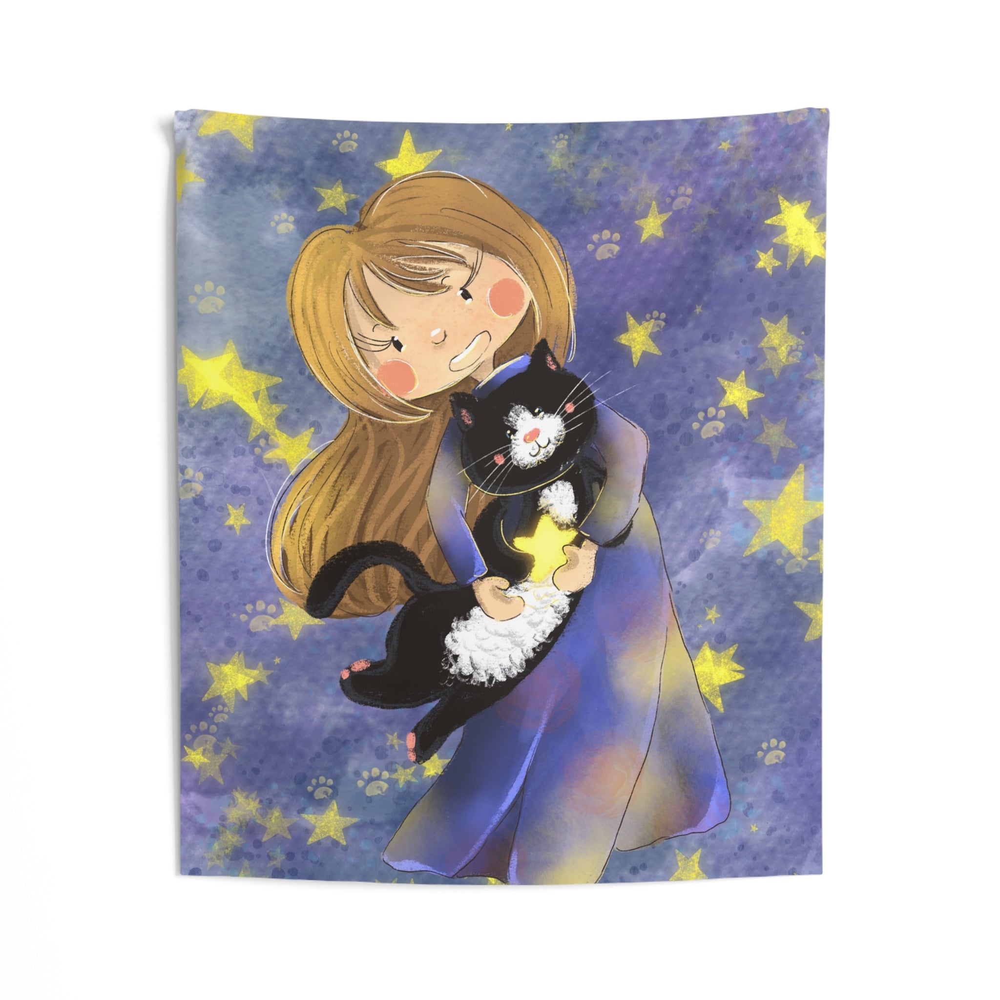 Starry Night Girl & Cat Tapestry — Cute Whimsical Wall Art