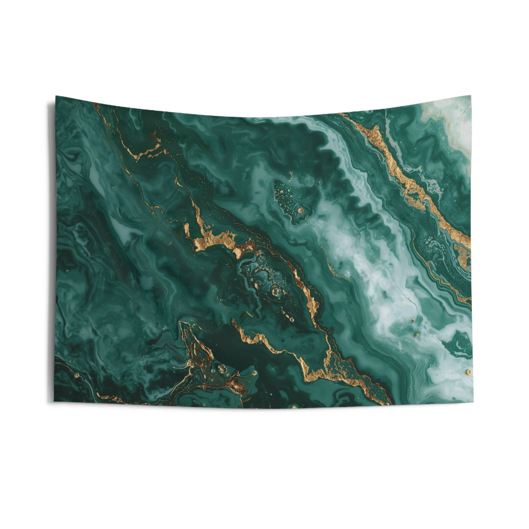 Emerald Marble Wall Tapestry — Green & Gold Abstract Home Decor