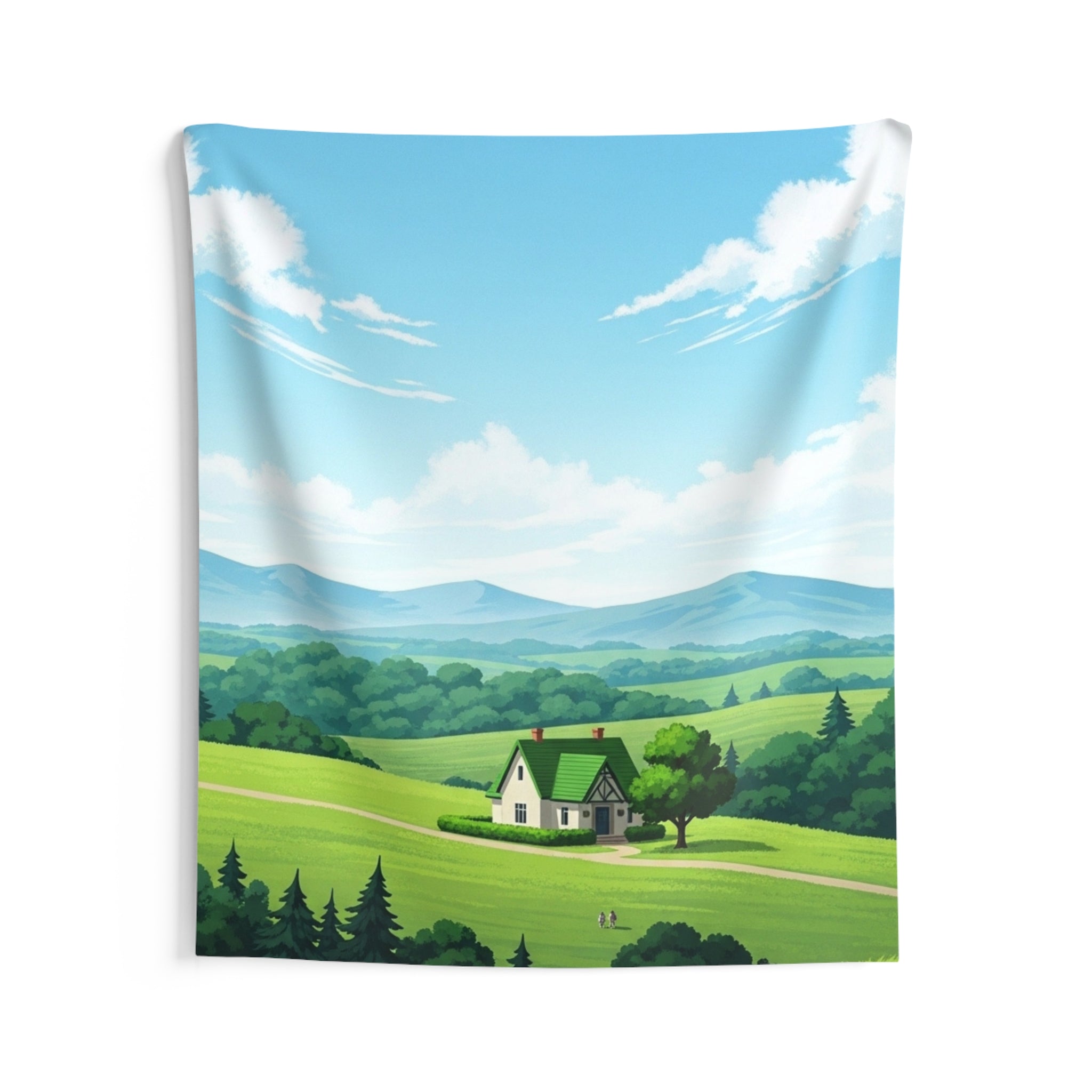 Countryside Cottage Tapestry — Scenic Green Hills Wall Hanging
