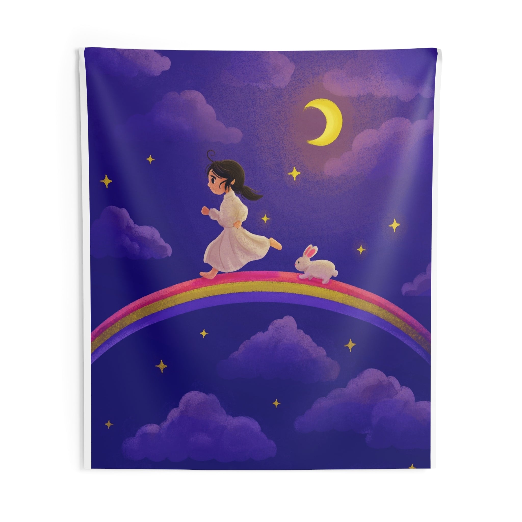 Dreamy Night Rainbow Tapestry — Girl & Bunny Wall Art for Kids’ Room