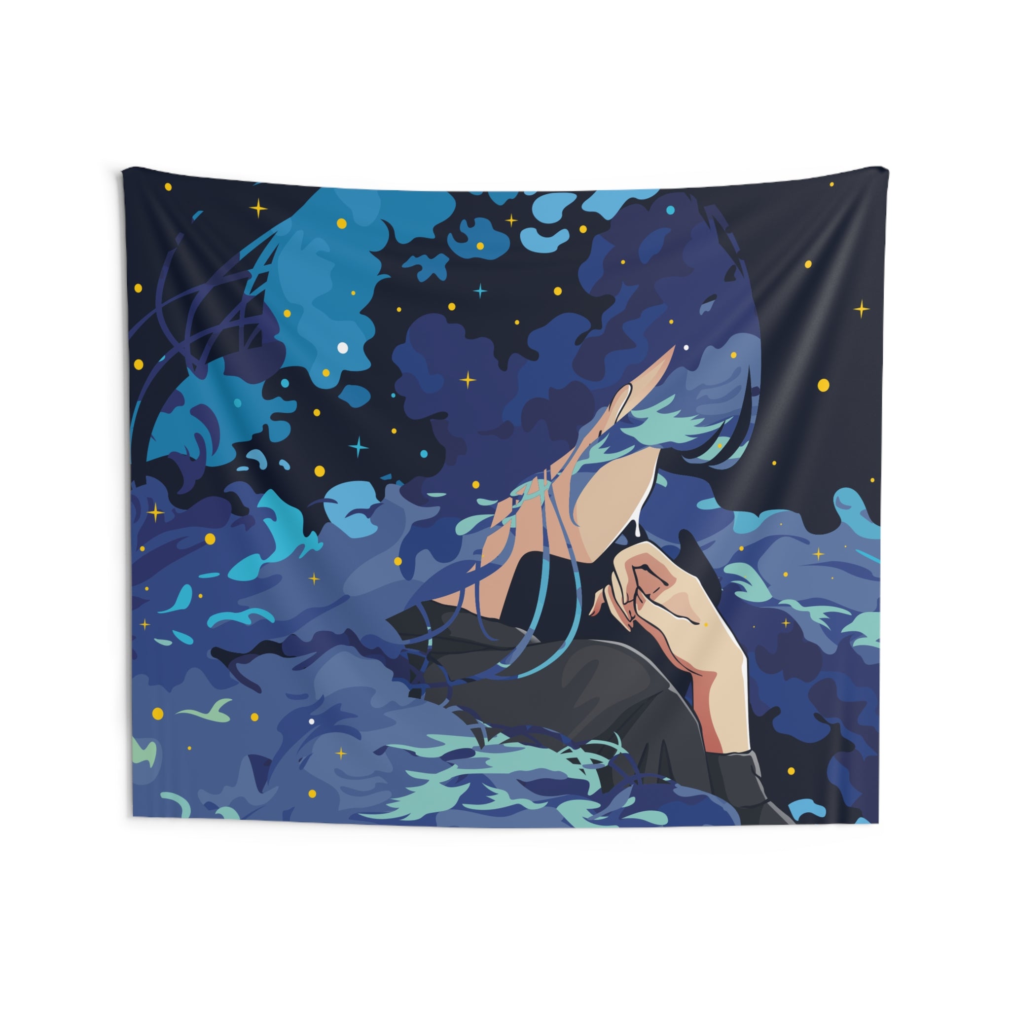 Celestial Dreamscape Tapestry — Blue Anime Girl Wall Art