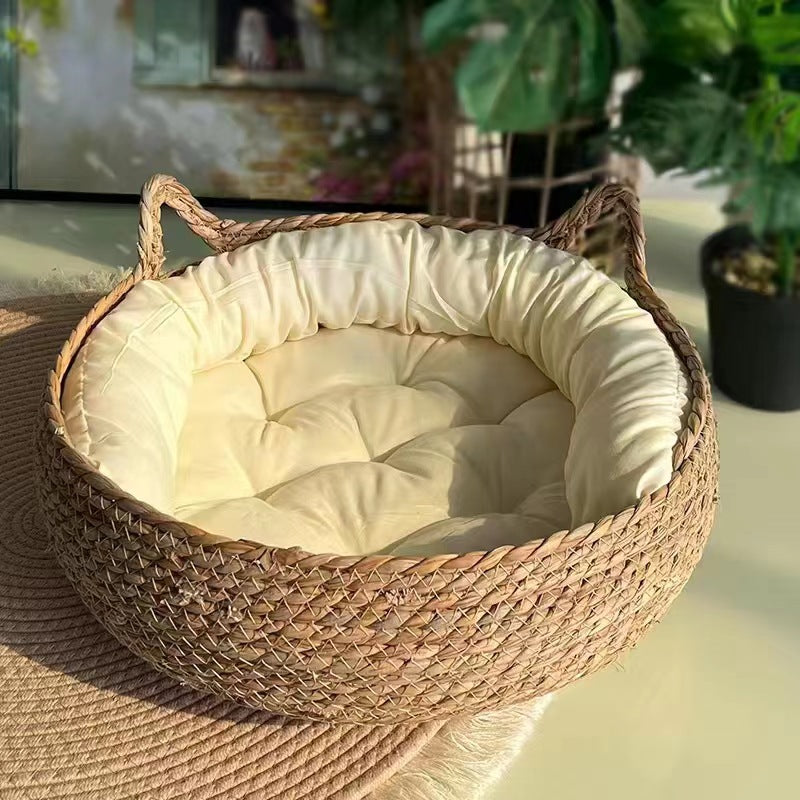 Rattan Woven Pet Cat Bed with Removable Cotton Pad