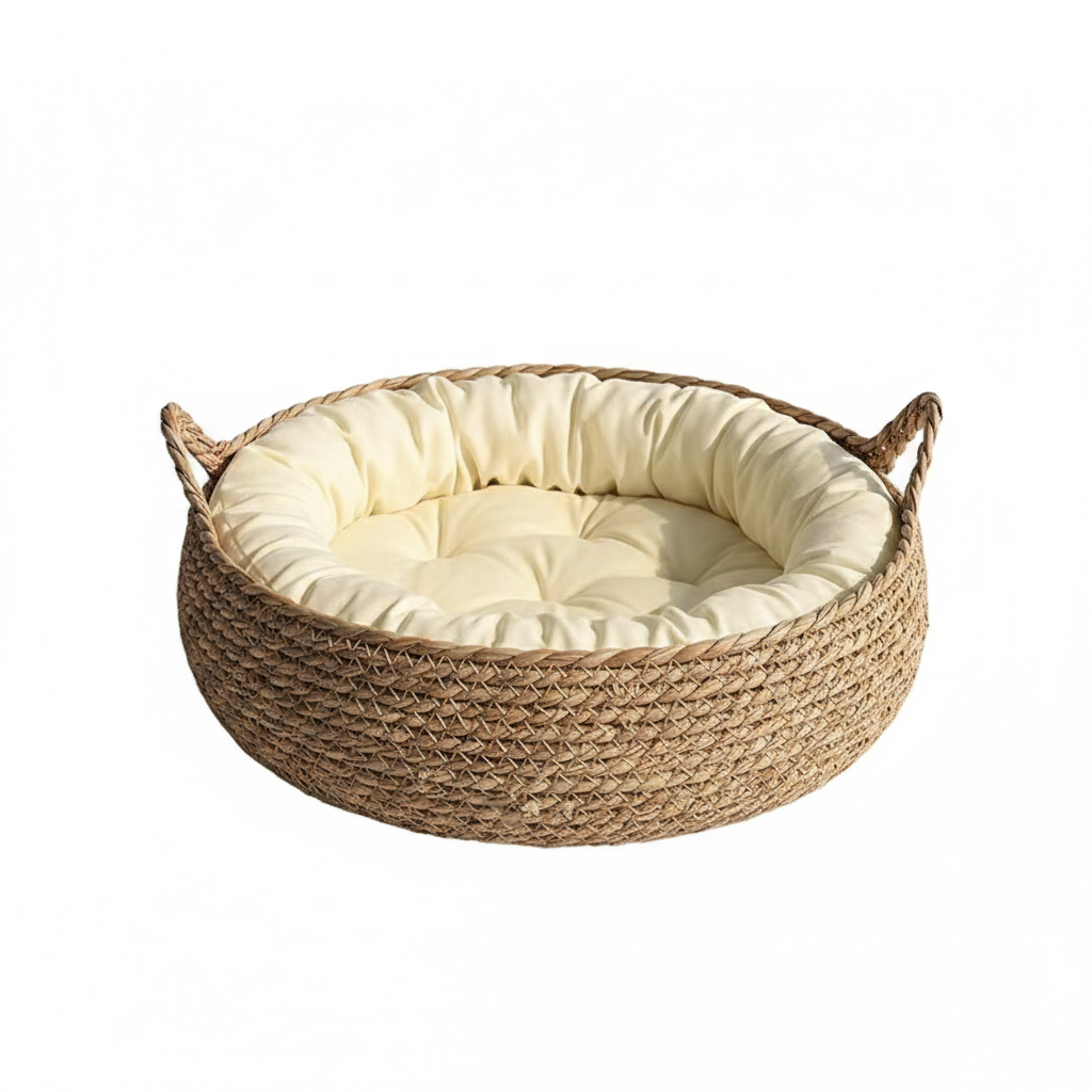 Rattan Woven Pet Cat Bed with Removable Cotton Pad