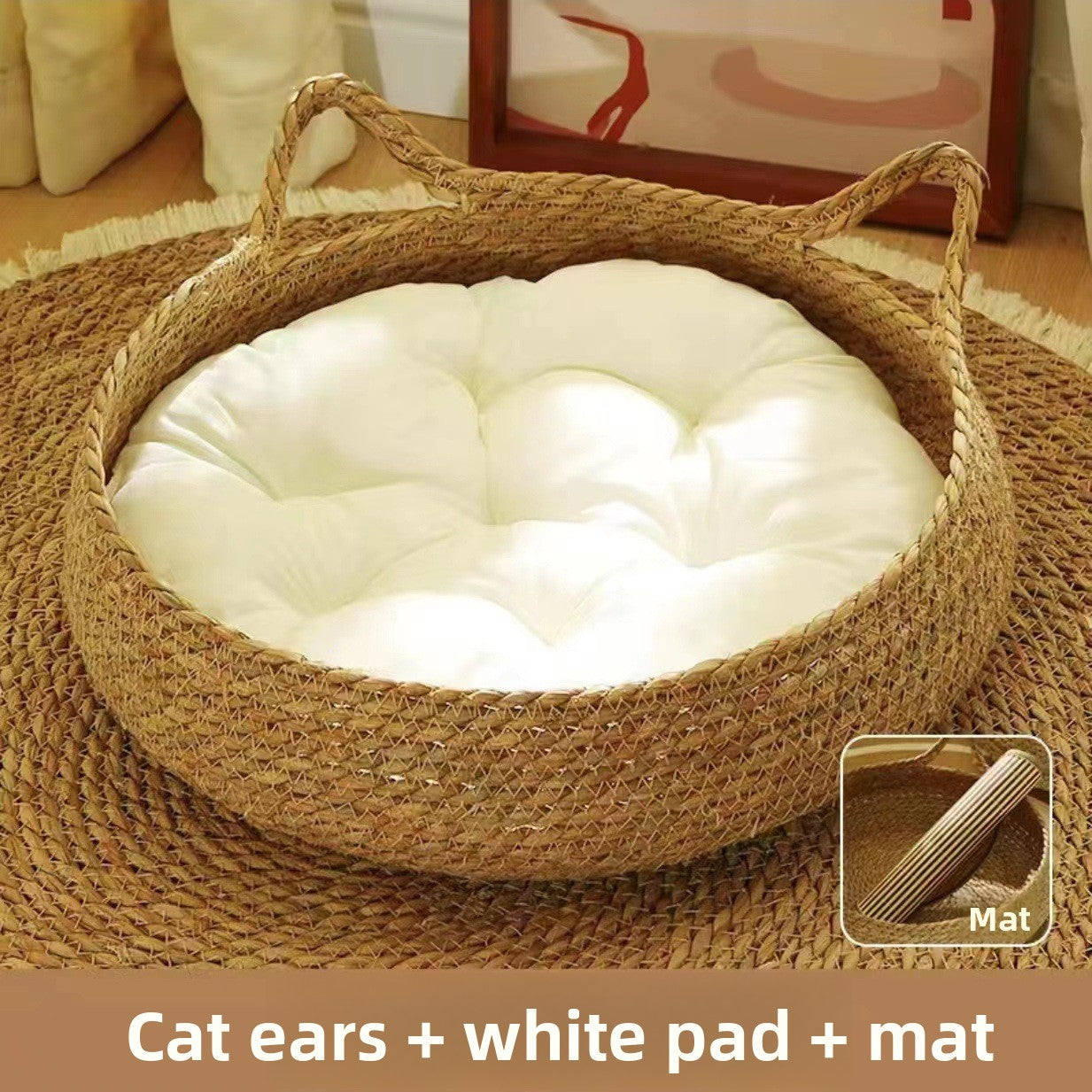 Rattan Woven Pet Cat Bed with Removable Cotton Pad