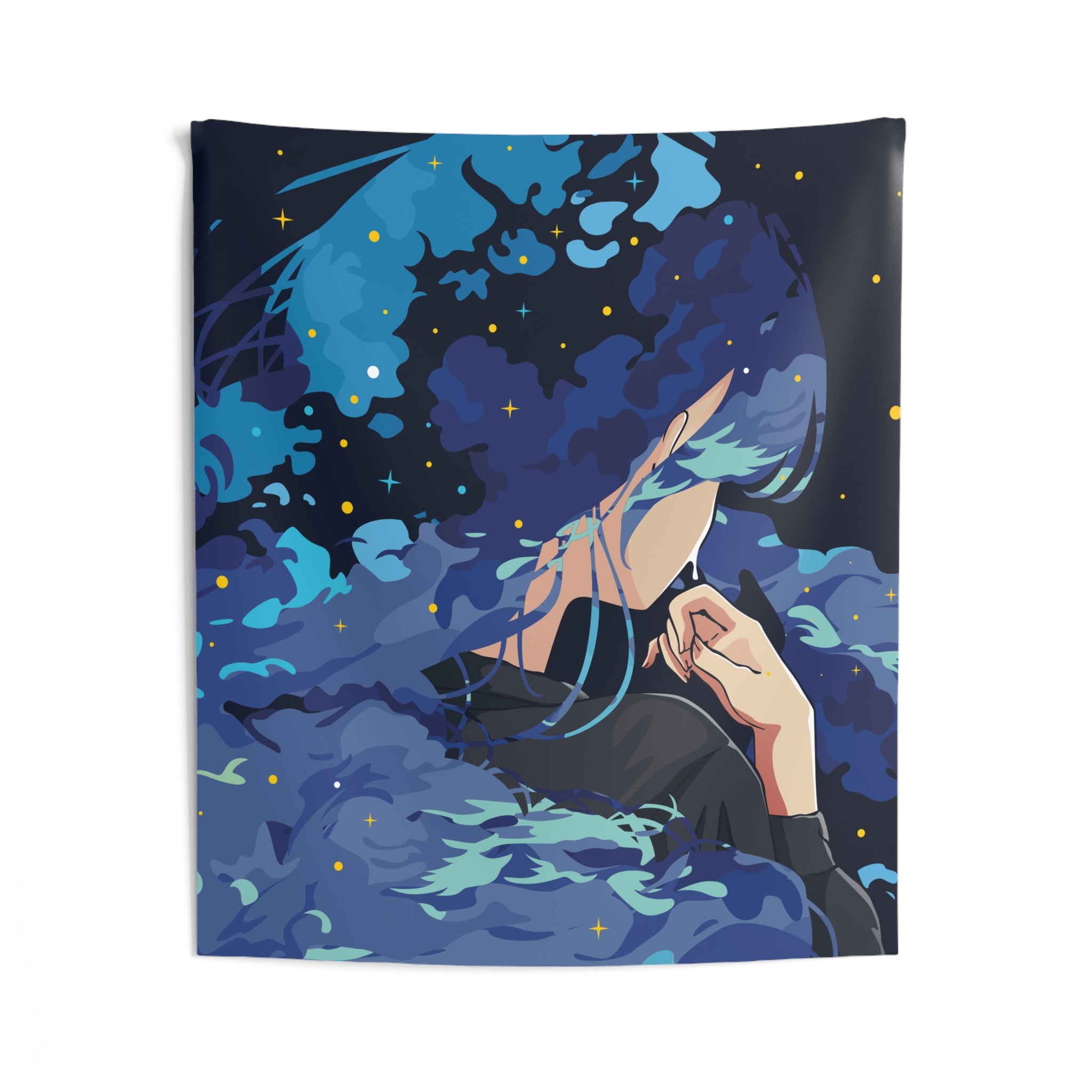 Celestial Dreamscape Tapestry — Blue Anime Girl Wall Art