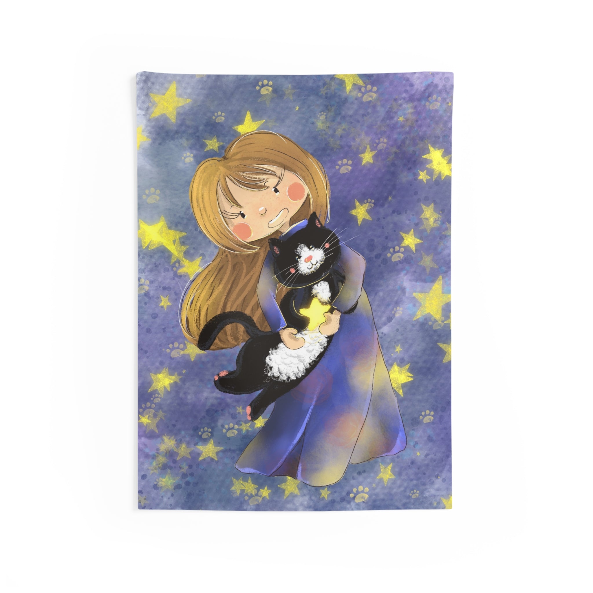 Starry Night Girl & Cat Tapestry — Cute Whimsical Wall Art