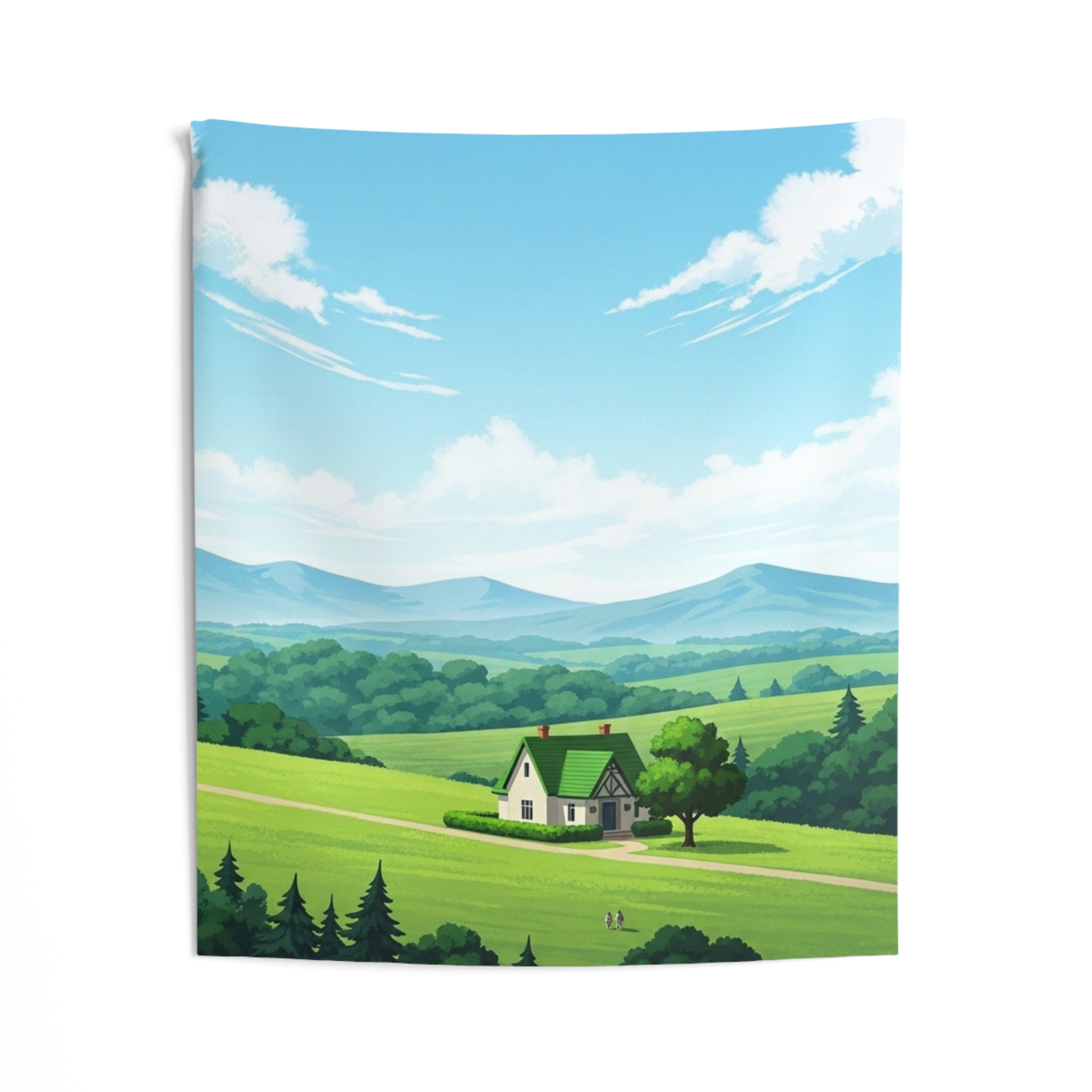 Countryside Cottage Tapestry — Scenic Green Hills Wall Hanging
