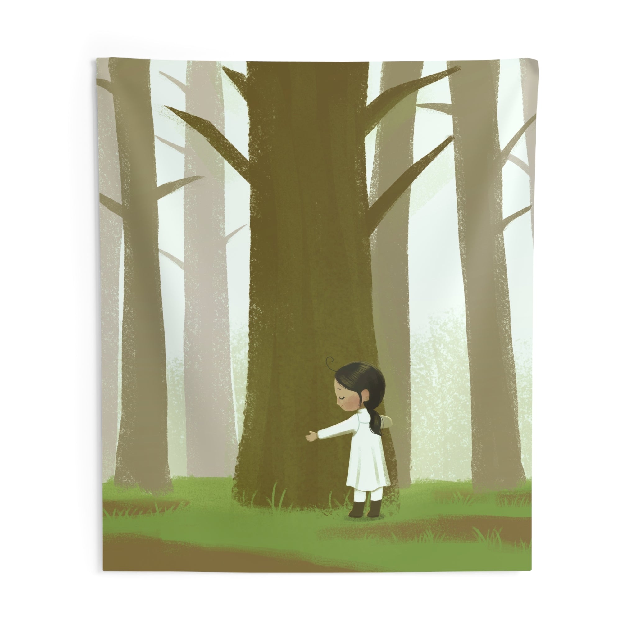 Forest Hug Tapestry — Whimsical Girl Embracing Tree Wall Art