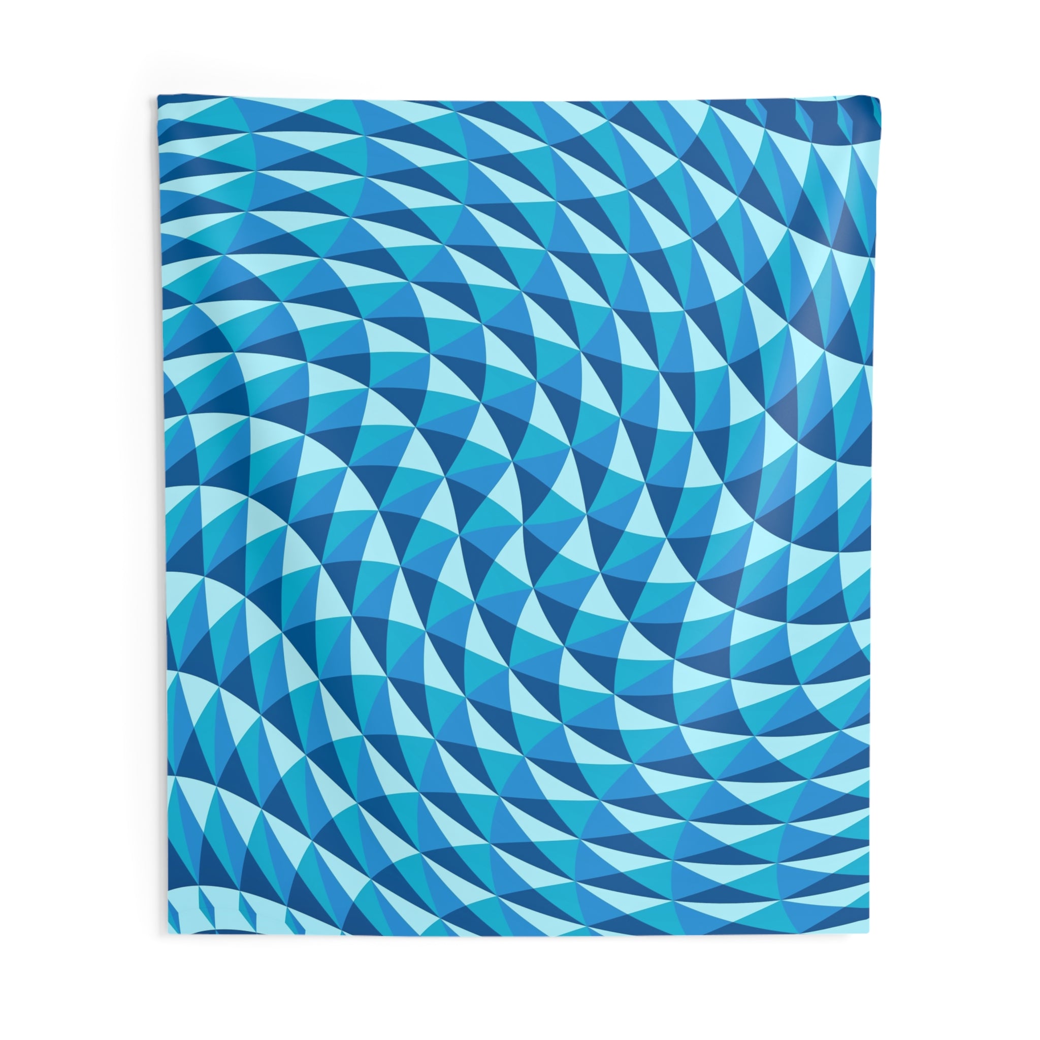 Blue Geometric Wave Tapestry — Abstract Optical Illusion Wall Hanging