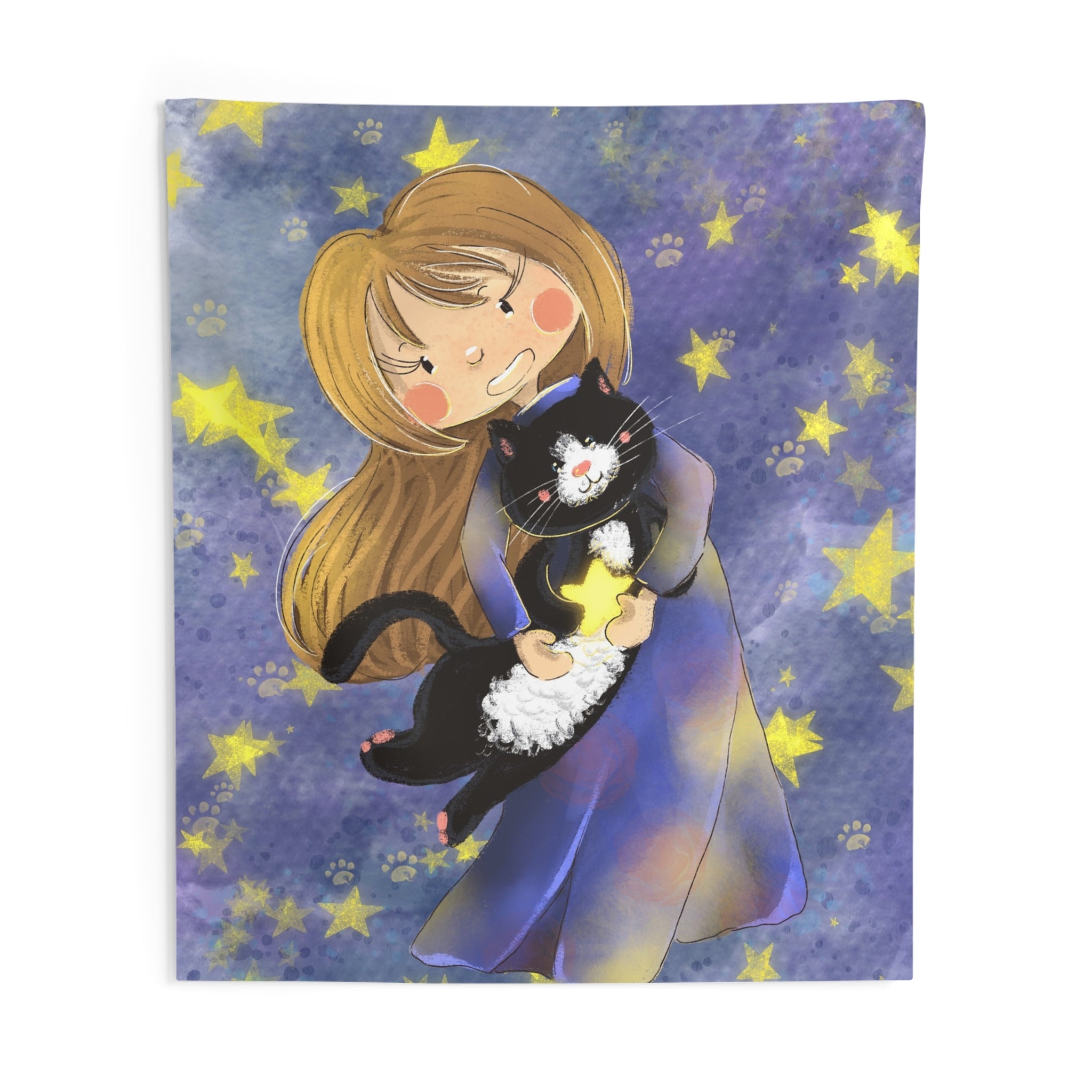 Starry Night Girl & Cat Tapestry — Cute Whimsical Wall Art
