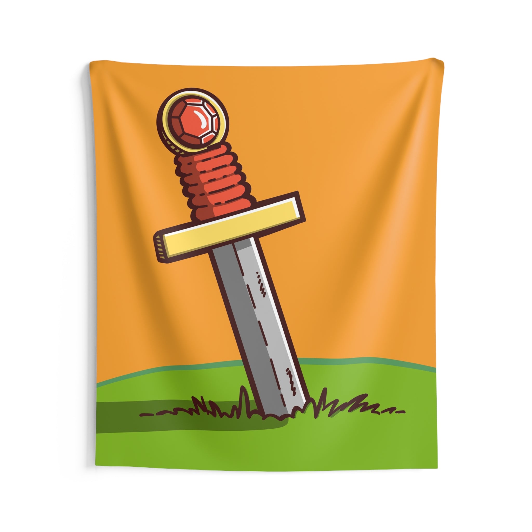 Sword in Grass Tapestry — Retro Cartoon Fantasy Wall Hanging