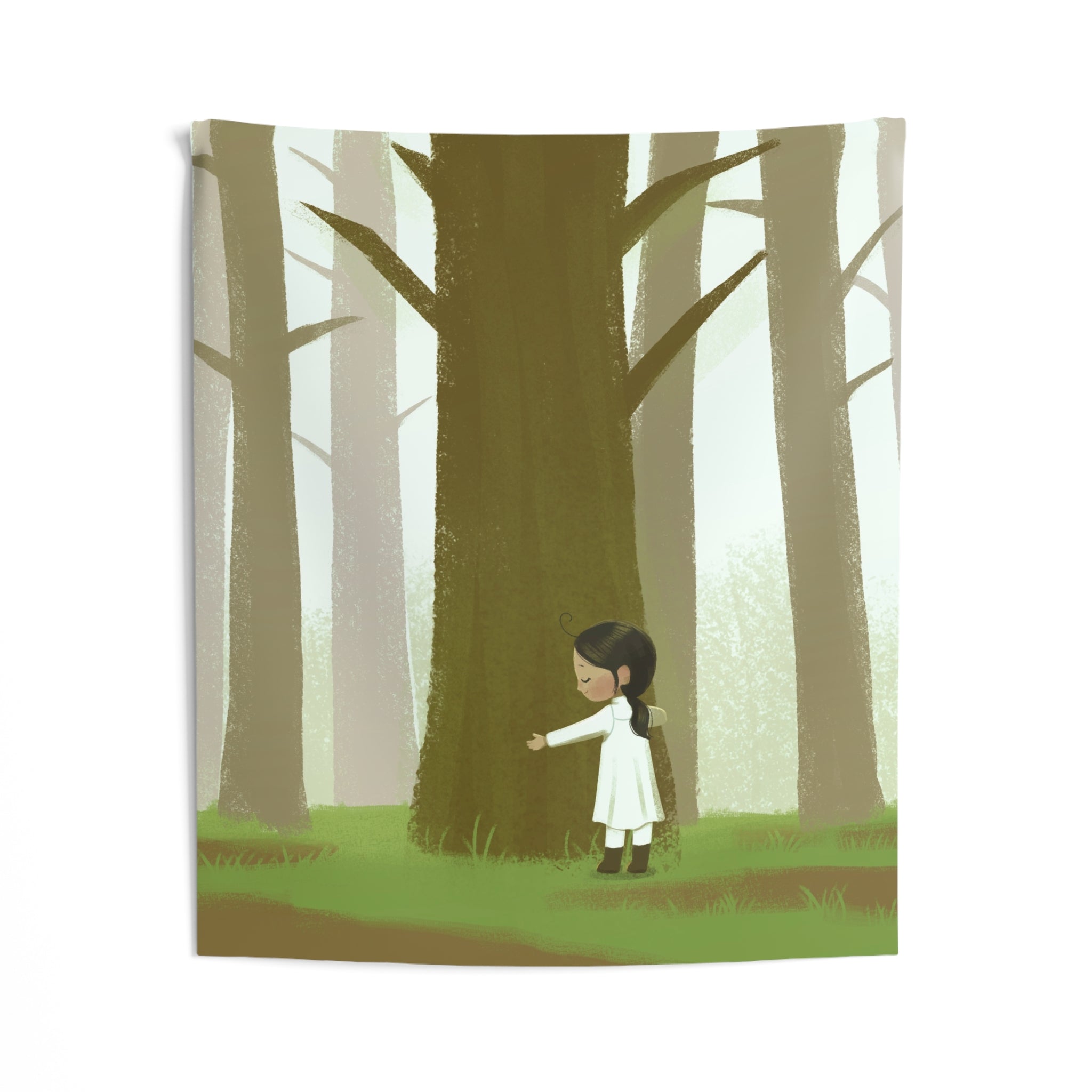 Forest Hug Tapestry — Whimsical Girl Embracing Tree Wall Art