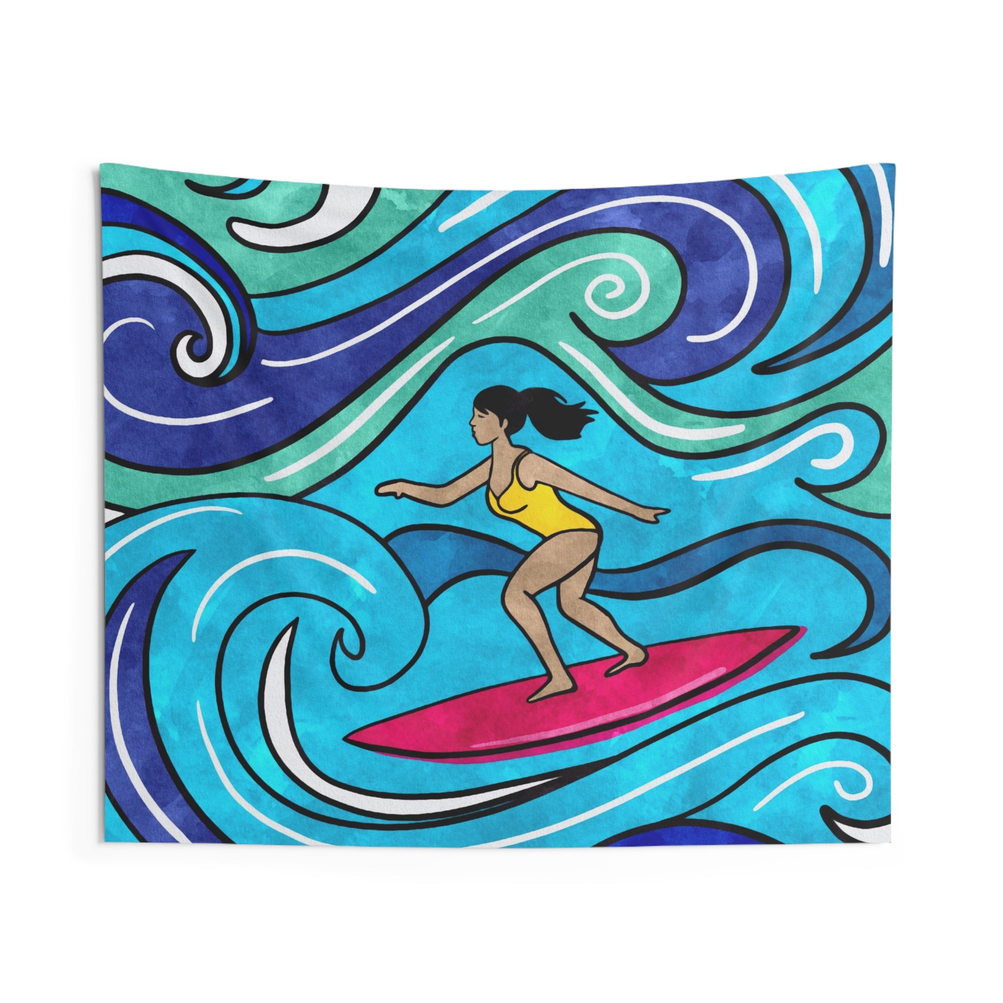 Surfing Girl Wall Tapestry — Colorful Ocean Waves Beach Décor