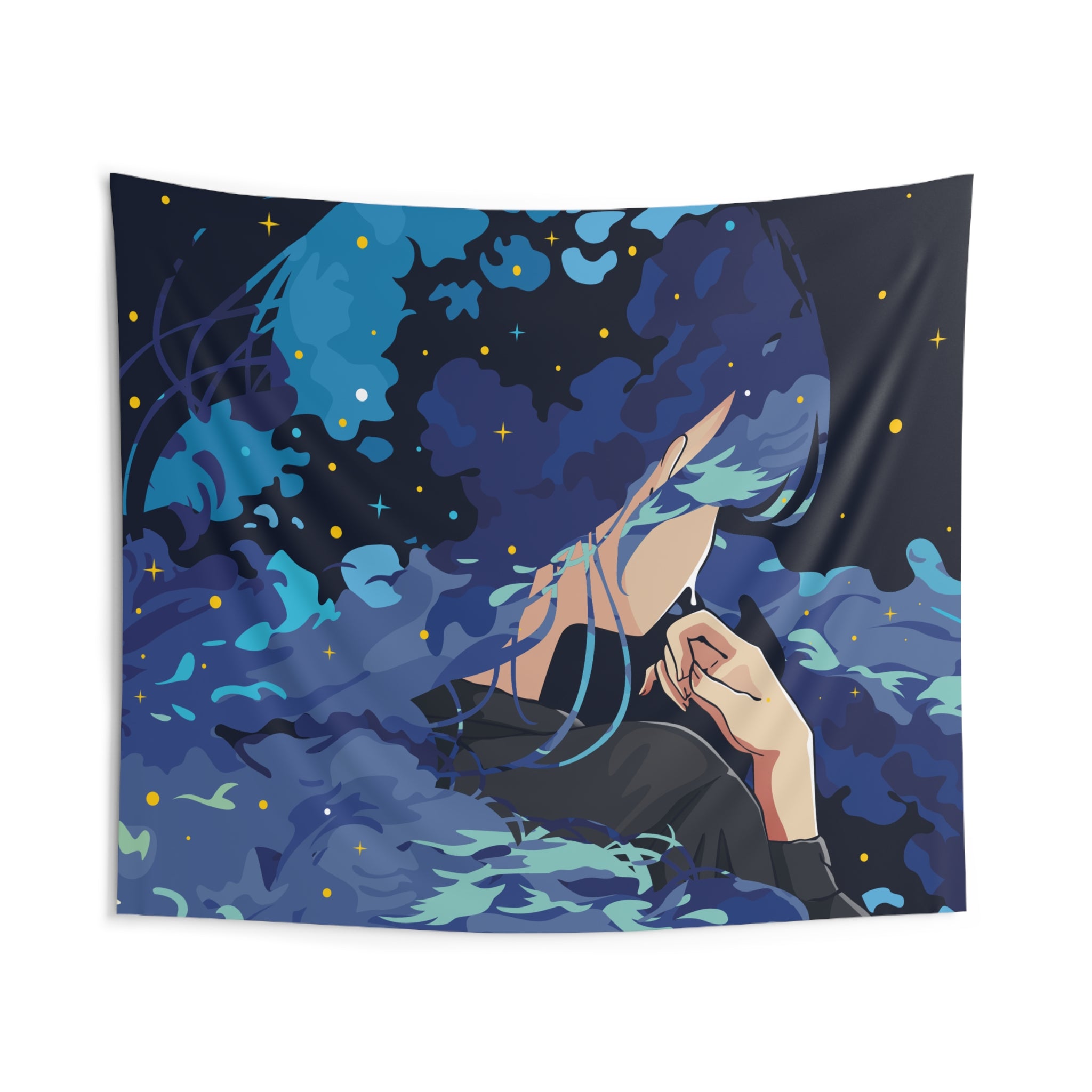 Celestial Dreamscape Tapestry — Blue Anime Girl Wall Art