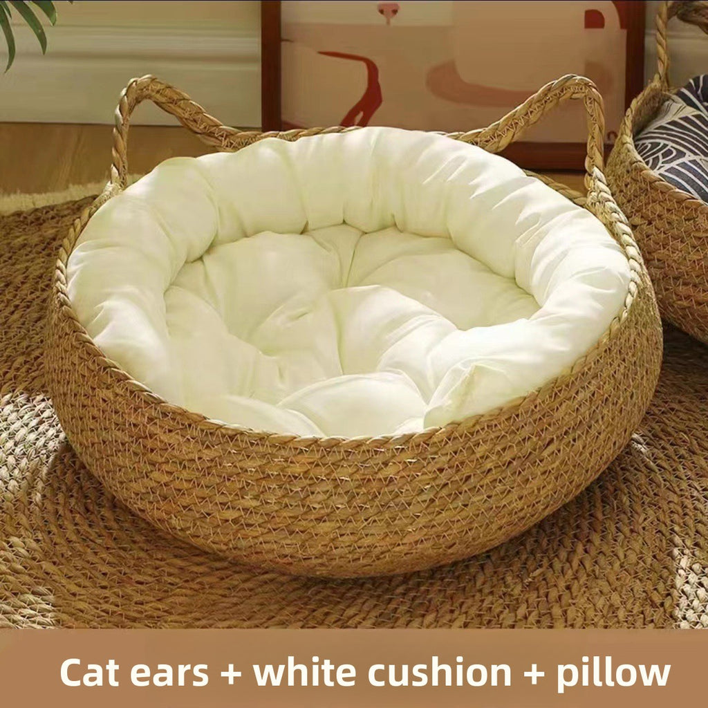 Rattan Woven Pet Cat Bed with Removable Cotton Pad