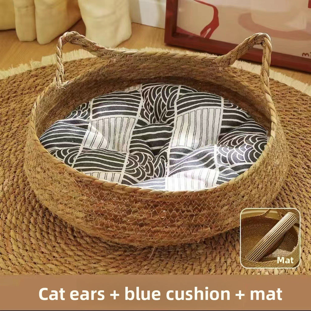 Rattan Woven Pet Cat Bed with Removable Cotton Pad