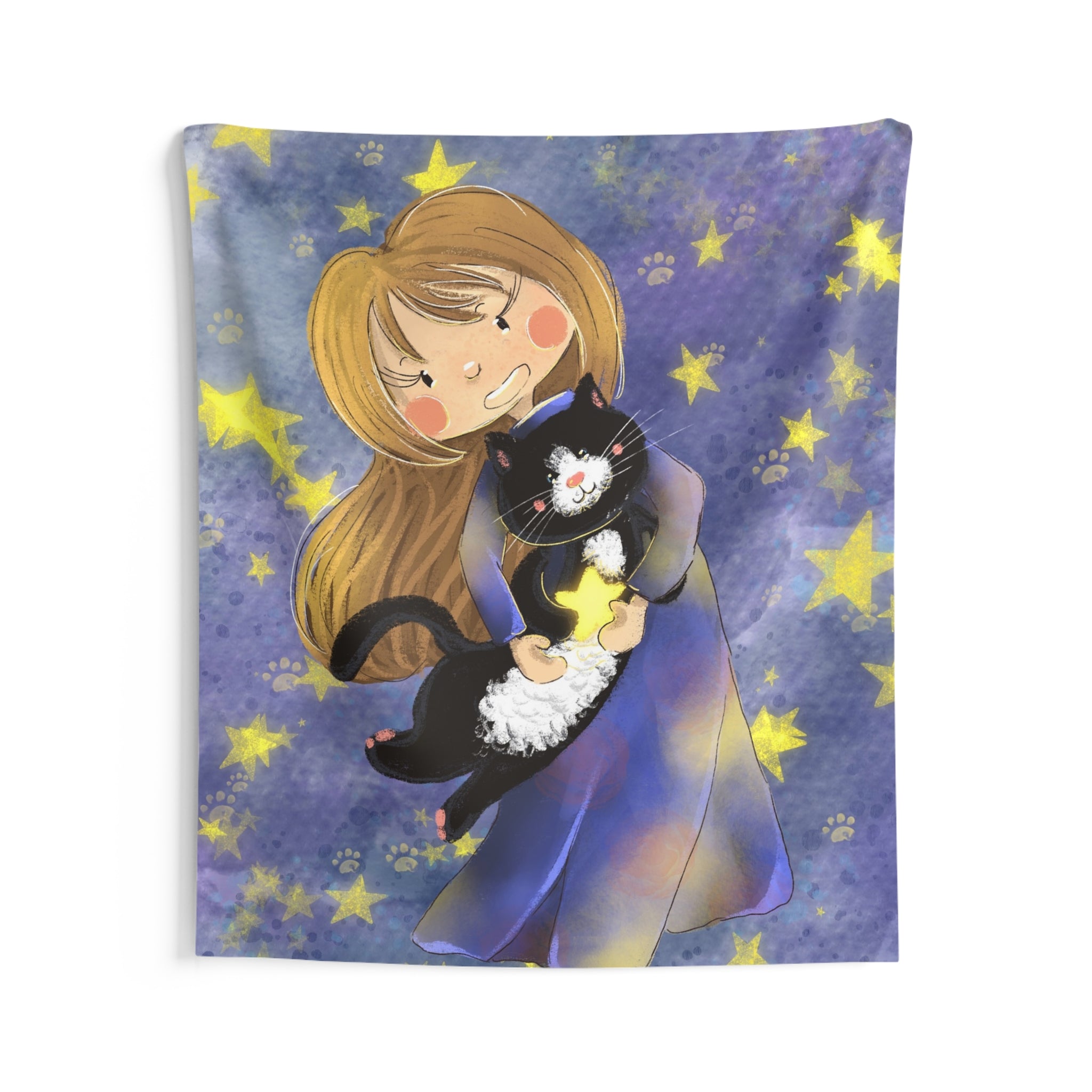Starry Night Girl & Cat Tapestry — Cute Whimsical Wall Art
