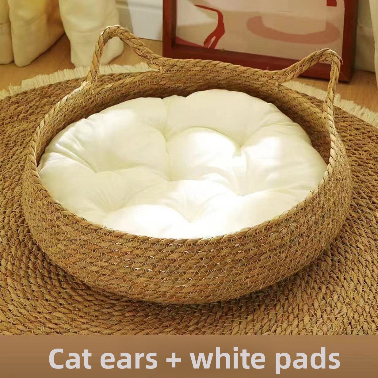 Rattan Woven Pet Cat Bed with Removable Cotton Pad