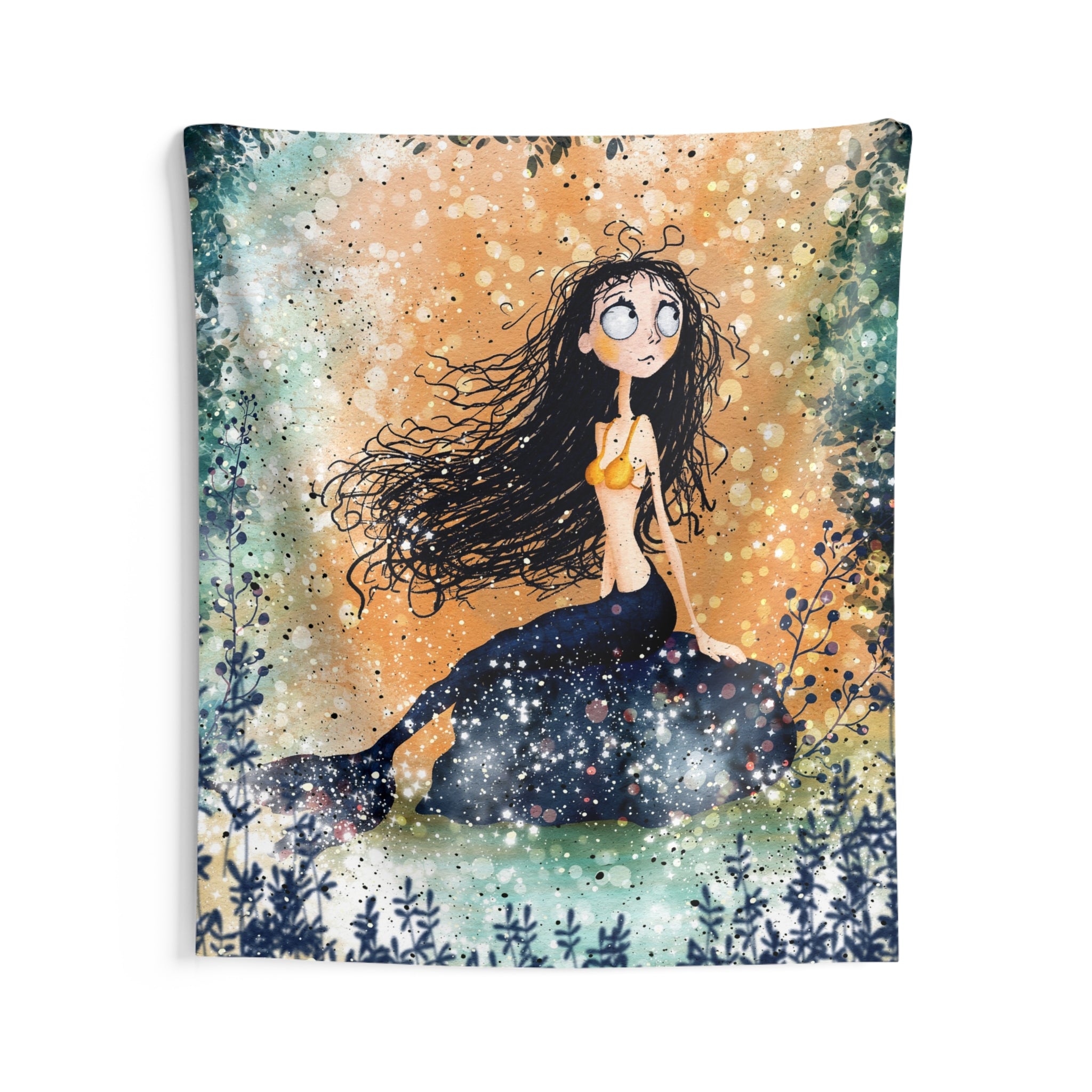 Mermaid Night Wall Tapestry — Whimsical Moonlit Girl Art for Bedroom Decor