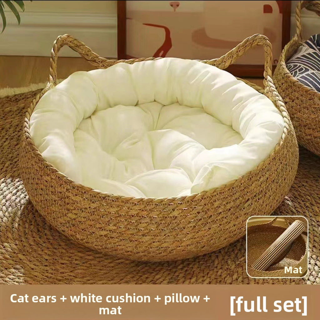 Rattan Woven Pet Cat Bed with Removable Cotton Pad