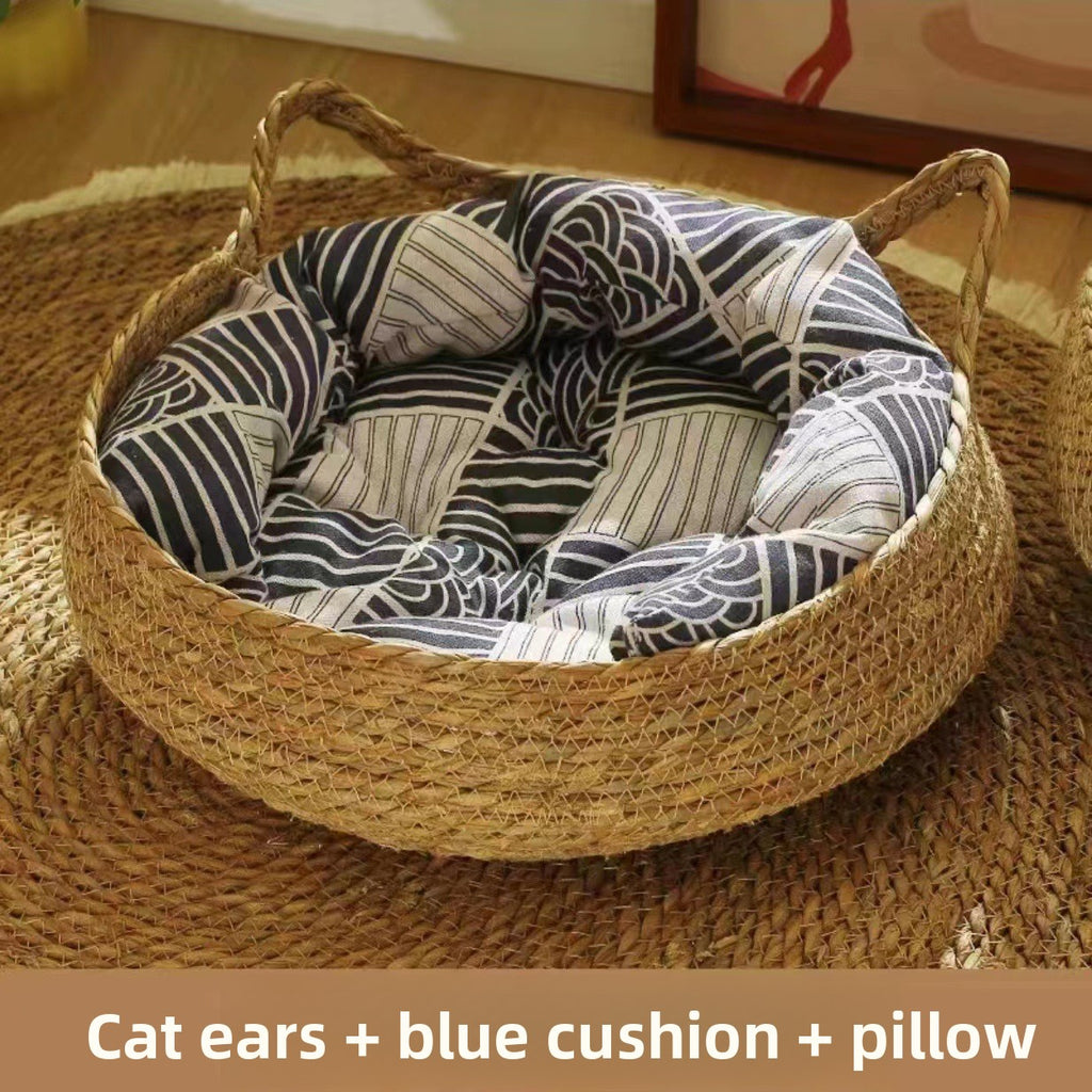 Rattan Woven Pet Cat Bed with Removable Cotton Pad