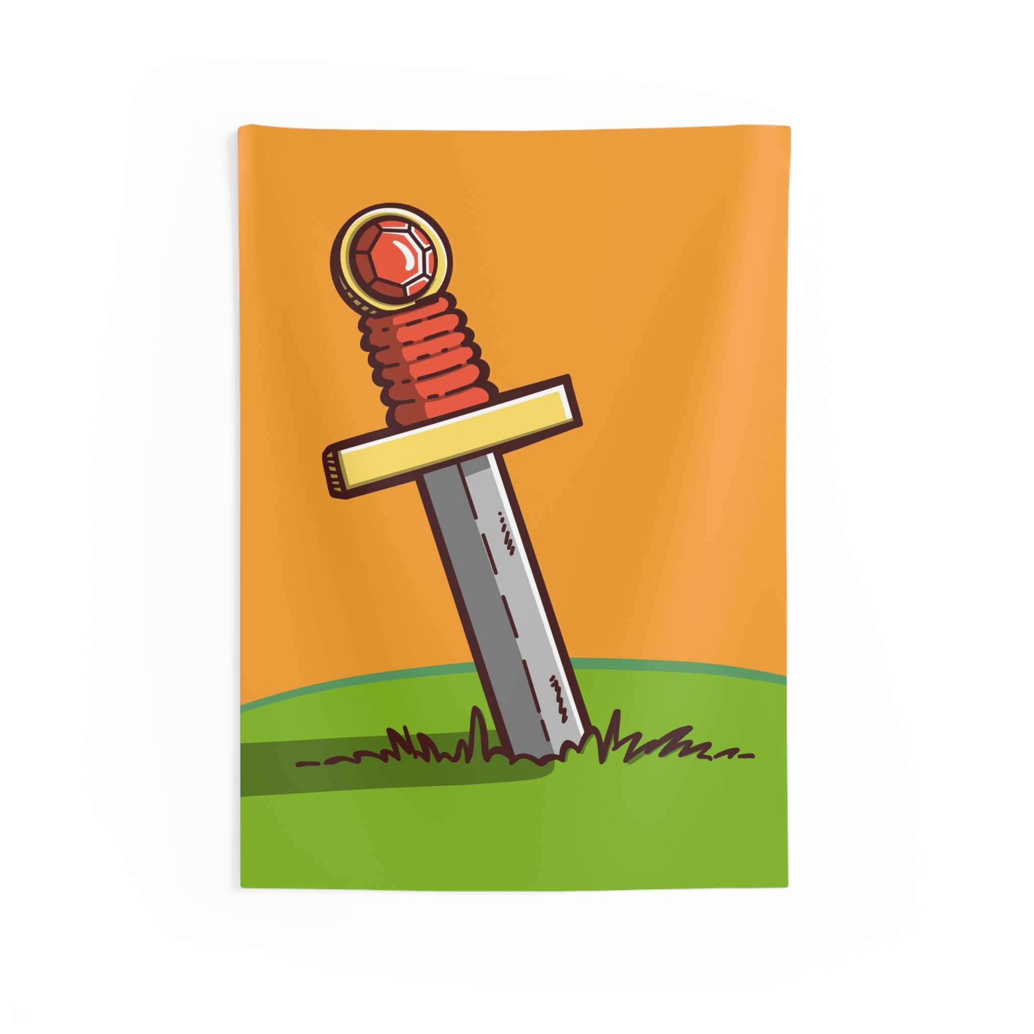 Sword in Grass Tapestry — Retro Cartoon Fantasy Wall Hanging
