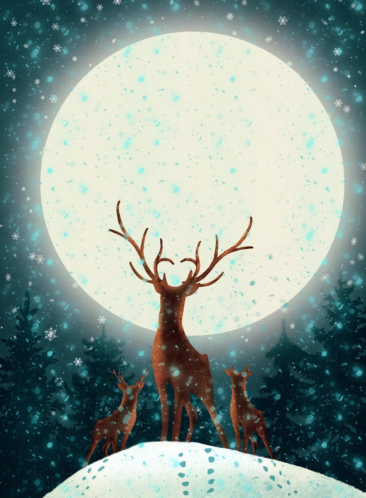 Moonlit Deer Wall Tapestry — Stag & Fawn Forest Night Decor