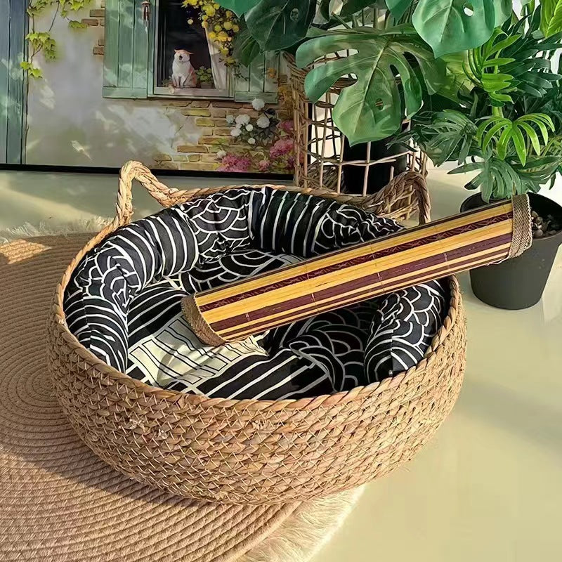 Rattan Woven Pet Cat Bed with Removable Cotton Pad