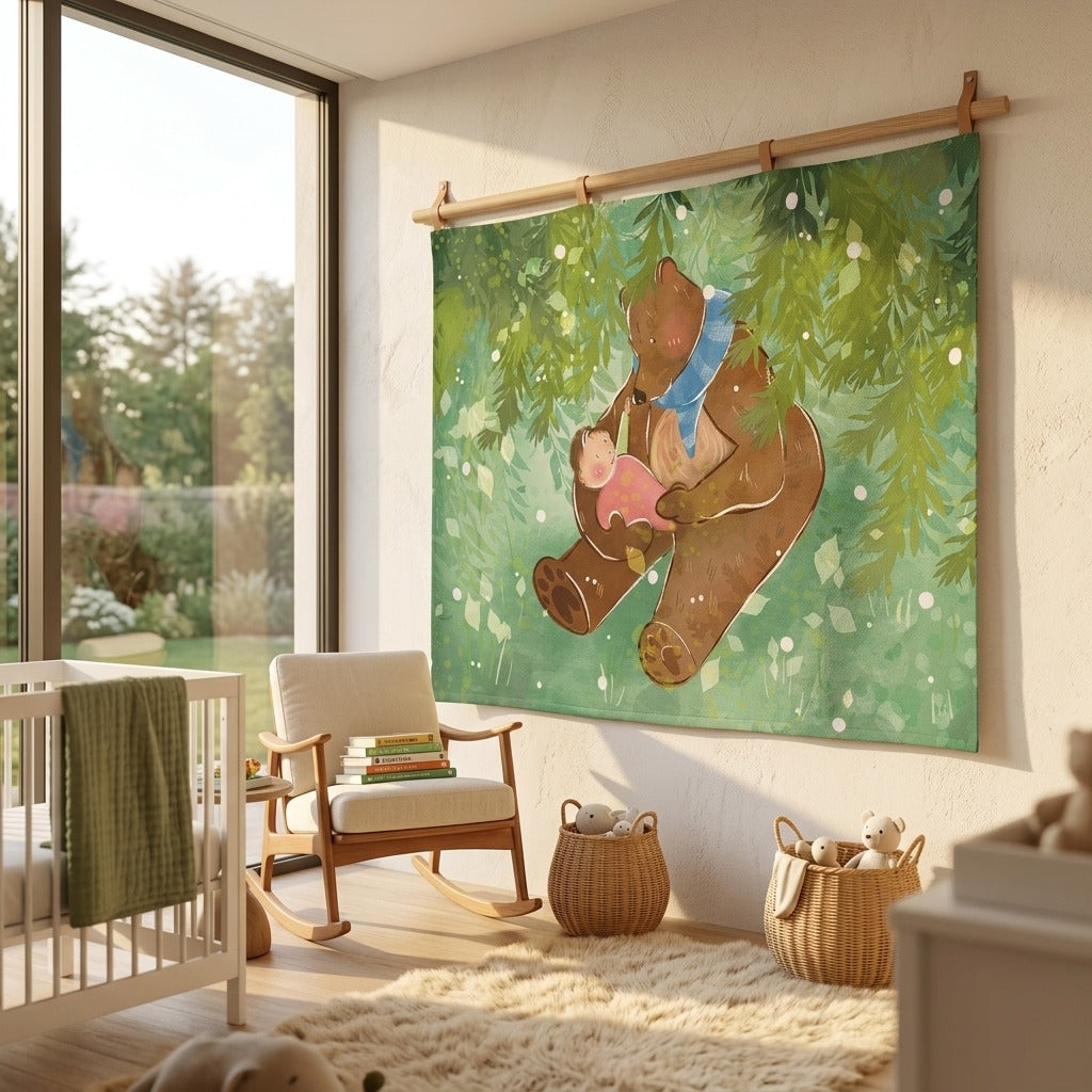 Bear Hug Wall Tapestry — Cute Nursery Bear and Child Forest Scene