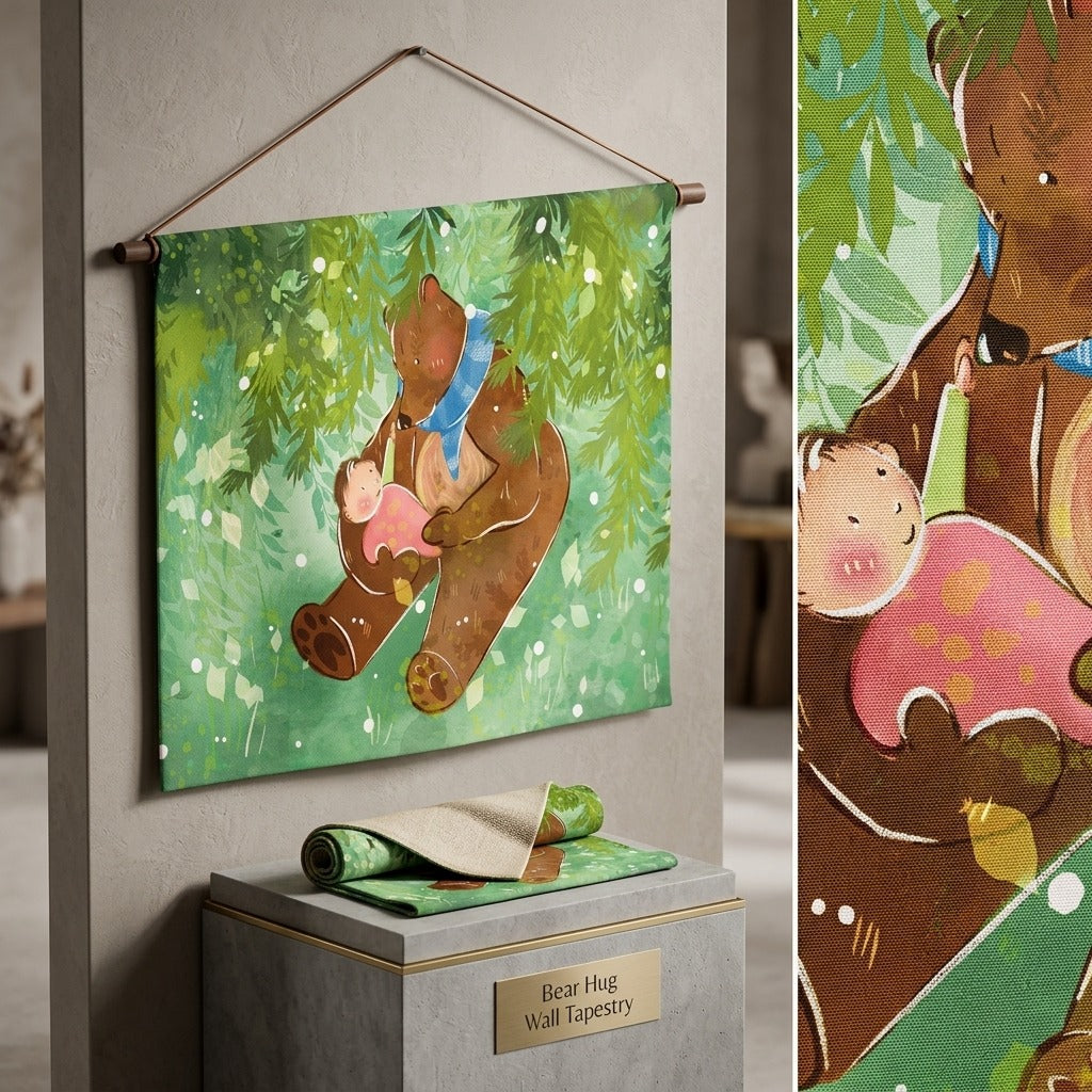 Bear Hug Wall Tapestry — Cute Nursery Bear and Child Forest Scene