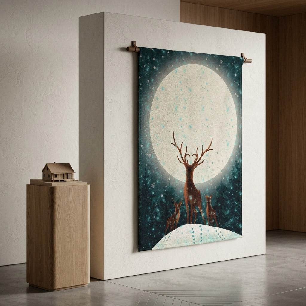 Moonlit Deer Wall Tapestry — Stag & Fawn Forest Night Decor