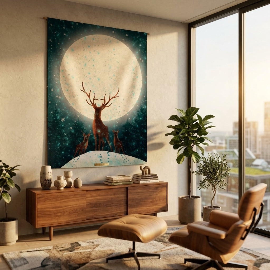 Moonlit Deer Wall Tapestry — Stag & Fawn Forest Night Decor